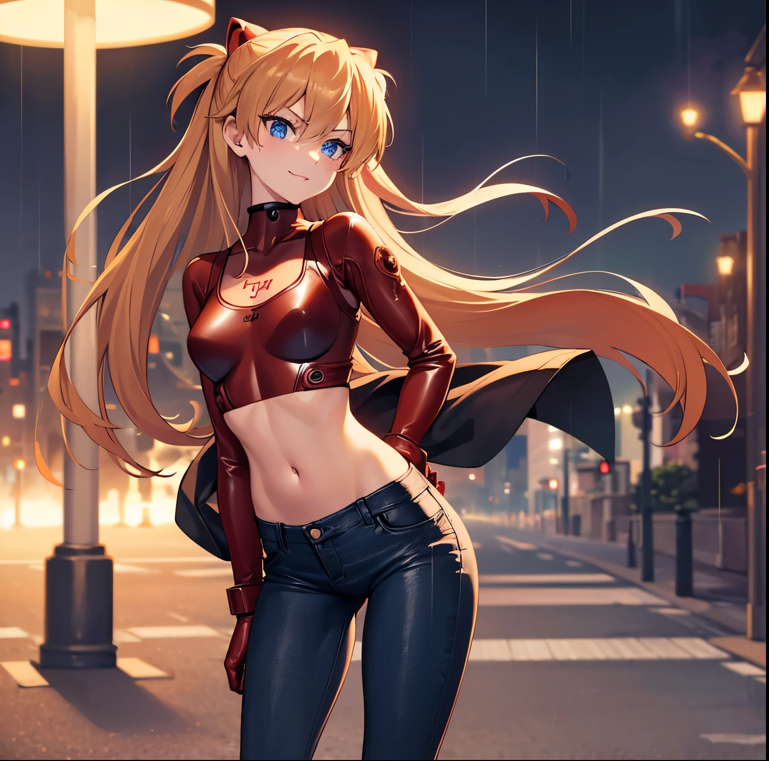 ((1girl)),((alone)),Asuka Langley,(masterpiece), (best quality), (ultra detailed), (best illustration), (best shadow), (absurdities), sharp focus, cowboy shot , dynamic posture looking at the viewer, small breasts, narrow waist, wide hips, wide thighs, round butt, erotic, romantic, (very detailed eyes, lips 1.1), very detailed eyes, eyes, Very detailed face, Very beautiful face, height full, beautiful slim figure, femininity, expressive appearance, elastic small breasts, sexuality, 25 years old, orange hair, medium hair, perfect proportions, (Asuka Langley, plug-in suit 02:1.2)), ((Blue eyes, beautiful face, eyes beautiful))), moist eyes, bright eyes, thin face, thin lips, narrow eyes, thin pale eyebrows, long eyelashes, long lower eyelashes, model taking a pose with hands on hips, sullen look, ((jacket red leather)) , ((open jacket)),((black tank top)),tight shirt,((neckline)), ((black jeans)), bare waist, navel,tight jeans,beautiful female hands with gloves Tight red leather shoes, red sneakers, (full body composition standing in model pose with realistic details: 1.1), accurate simulation of light-matter interactions, defined body, perfect and beautiful body, perfect and beautiful, closed mouth, smile, seductive smile, blushing, (sexy pose: 1.2), ((solo)), standing: 1.3, outdoor, cyberpunk cityscape, streets, city, lights neon, city lights, rain, night, looking forward, ((focus on waist)), point of view: (from Middle), red blush, perfect anatomy, perfect hands