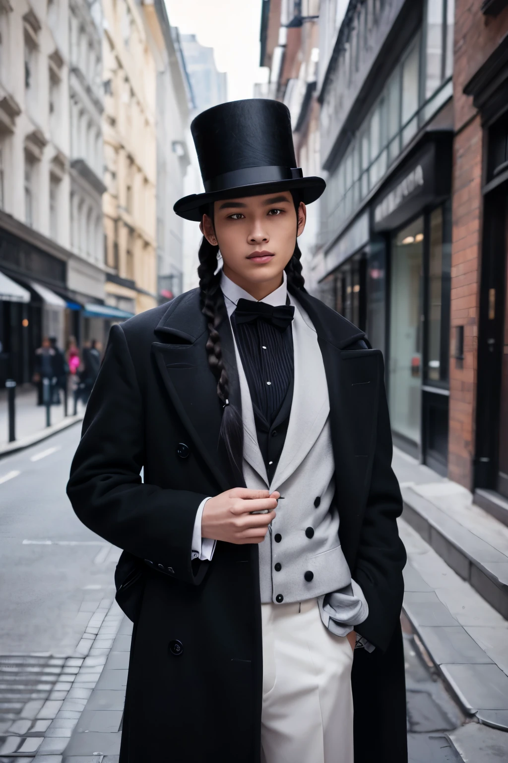 A young man in a top hat and a long black coat、Long silver braids