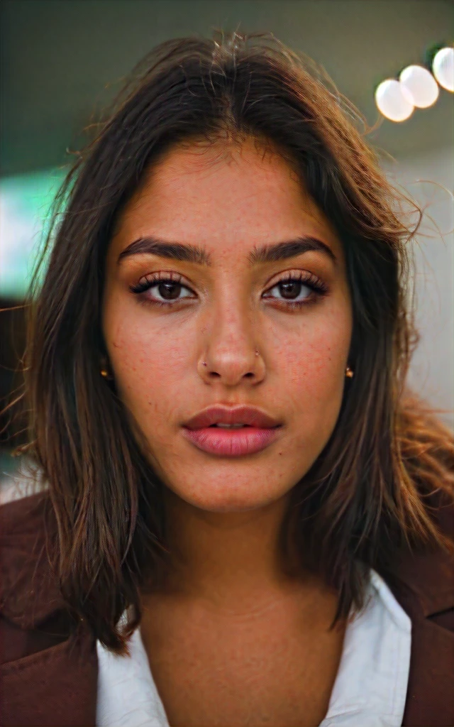 A beautiful 22 year old woman, Morena escura , close up, girl next door, brown jacket clothes, make up, lips, cups, the night, Messy hair, film grain, retro, Supports 160 colors, Shot on ARRI ALEXA 65, sharp focus on the subject, Fujifilm XT-3