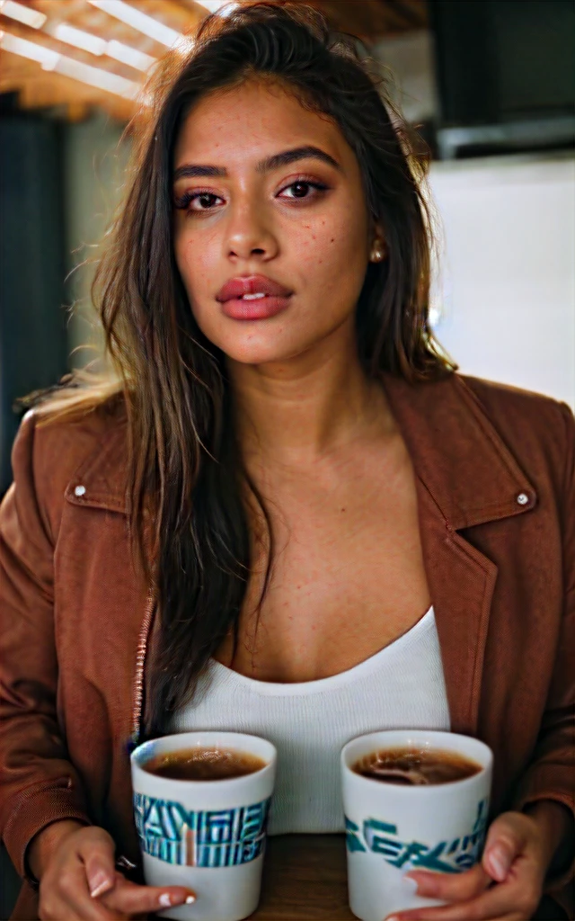 A beautiful 22 year old woman, Morena escura , close up, girl next door, brown jacket clothes, make up, lips, cups, the night, Messy hair, film grain, retro, Supports 160 colors, Shot on ARRI ALEXA 65, sharp focus on the subject, Fujifilm XT-3