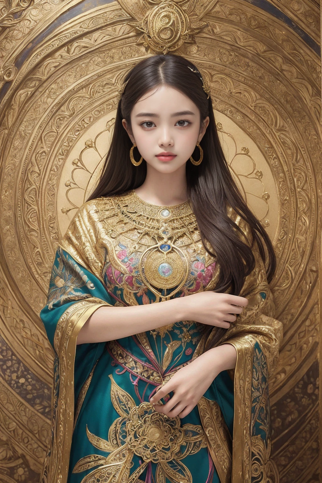 (masterpiece, highest quality, highest quality, official art, beautiful and aesthetic:1.2), (1 girl), very detailed,colorful,most detailed, official art, unity 8k wallpaper, Super detailed, beautiful and aesthetic, beautiful, masterpiece, highest quality, (zentangle, mandala, tangle, entangle) ,holy light,gold foil,gold leaf art,Glitter painting, Perfect Nwsj Magic