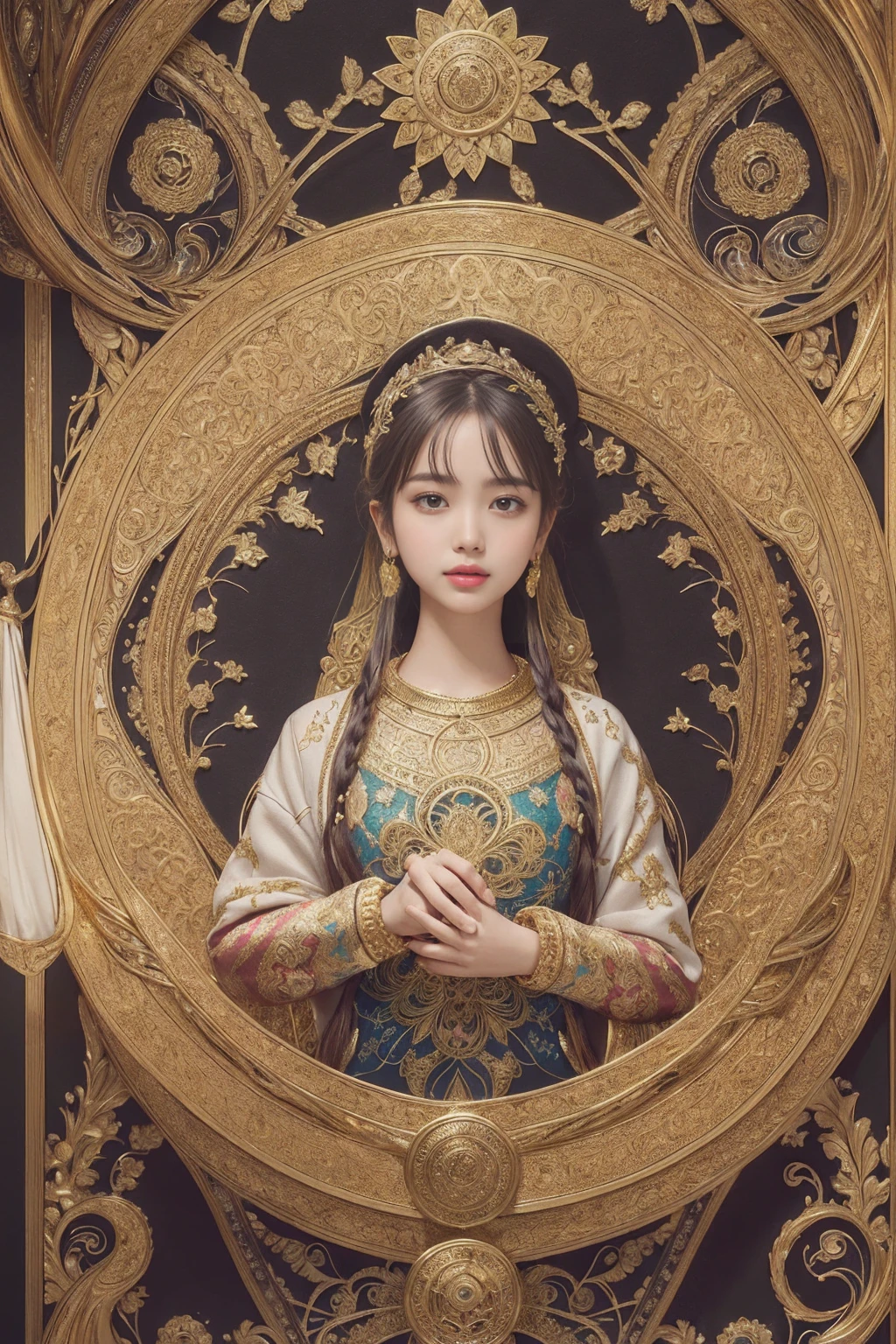 (masterpiece, highest quality, highest quality, official art, beautiful and aesthetic:1.2), (1 girl), very detailed,colorful,most detailed, official art, unity 8k wallpaper, Super detailed, beautiful and aesthetic, beautiful, masterpiece, highest quality, (zentangle, mandala, tangle, entangle) ,holy light,gold foil,gold leaf art,Glitter painting, Perfect Nwsj Magic