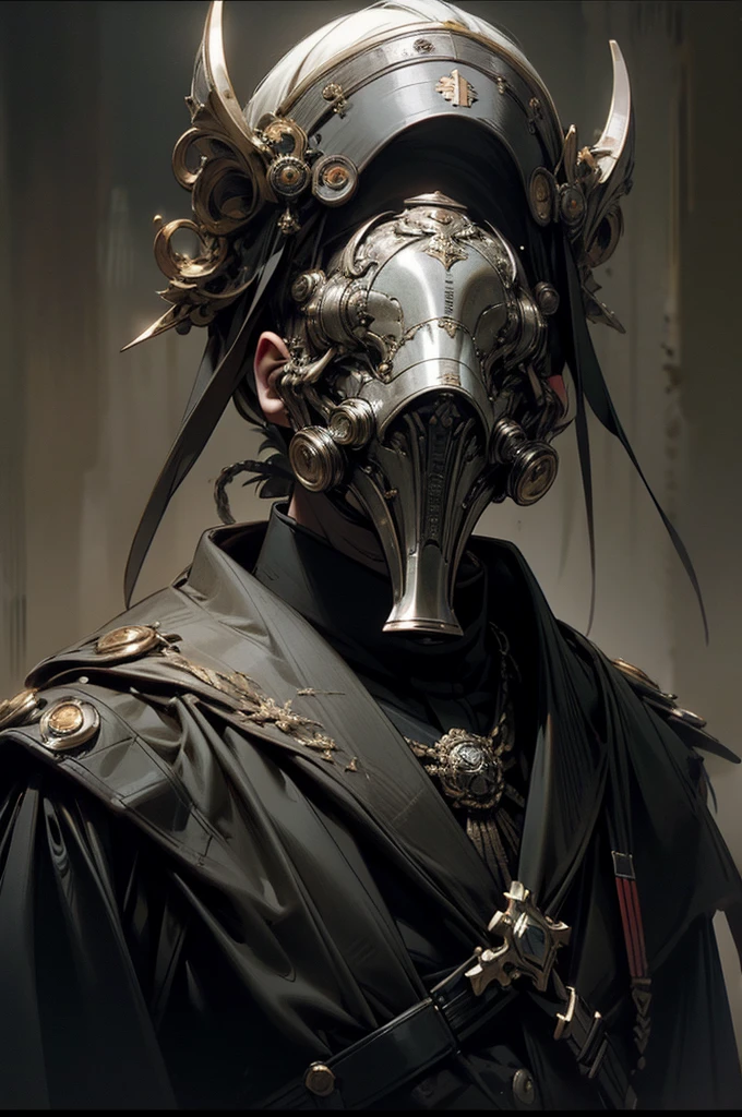 a fierce monarch ruler, piercing red eyes, hair of white silk, Cold War white raven gas masks, ww1 uniform, ww2 uniform, military uniform, gas mask with a beak, highly detailed, photorealistic, 8k, masterpiece, dramatic lighting, cinematic, dark fantasy, dramatic, moody, gritty, warm colors, multicolor palette, chiaroscuro, dramatic shadows, powerful, imposing, authoritarian, dystopian, post-apocalyptic, royalty, powerful