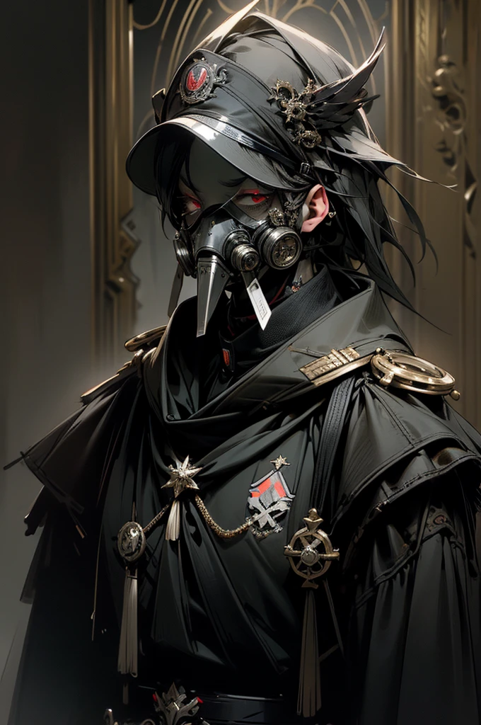 a fierce monarch ruler, piercing red eyes, hair of white silk, Cold War white raven gas masks, ww1 uniform, ww2 uniform, military uniform, gas mask with a beak, highly detailed, photorealistic, 8k, masterpiece, dramatic lighting, cinematic, dark fantasy, dramatic, moody, gritty, warm colors, multicolor palette, chiaroscuro, dramatic shadows, powerful, imposing, authoritarian, dystopian, post-apocalyptic, royalty, powerful