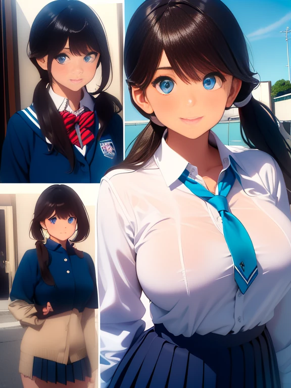 (premium:1.32), (The ultra -The high definition:1.4), (High resolution: 1.3), (CG Unity 8k Wallpapers:1.2), (Detailed eyes and skin.:1.35), (detailed facial features:1.25), (detailed students:1.36), precise and perfect  structure, (textured skin: 1.26), high level image quality、Large file size、fulcolor、low noise、
(photorealistic, Many award-winning photos: 1.27), Depth of fields, shaded by sunlight、
pleasant smile, chest neckline, big and full breasts, sexy thighs, ABS, 
(poneyTail: 1.47), Brown hair, (blue eyes: 1.28), thick bangs, blue ribbon, 
((high school uniform: 1.4)), Jackets、shirt、Red tie、pleated skirt、High socks、tokyo prefecture、fighting cross、An urban landscape、