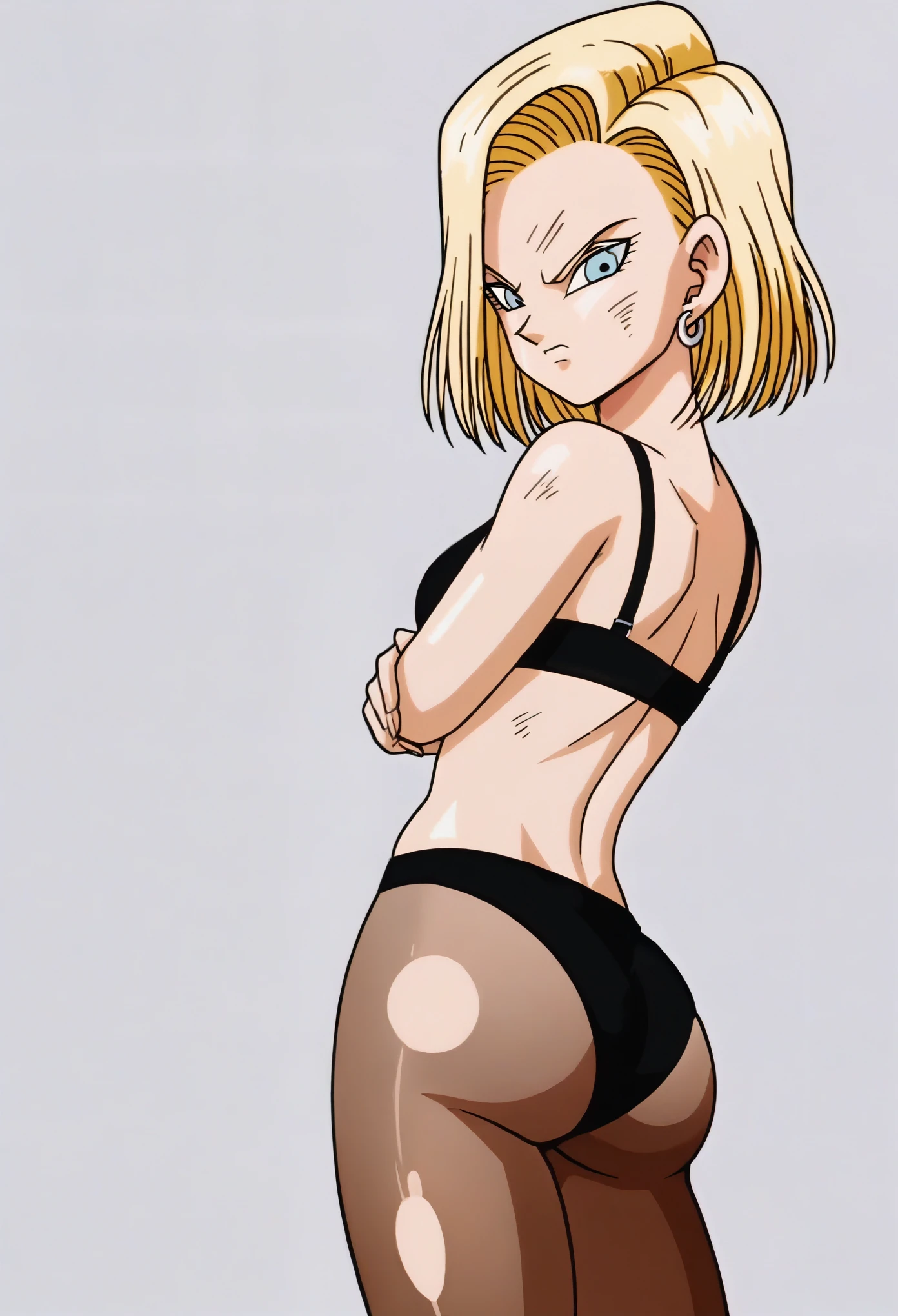 source_anime, score_9, score_8_up, score_7_up, anime screencap,
detailed face, android 18, classic look, 1girl, solo, looking at viewer, short hair, blue eyes, blonde hair, collarbone, standing, arms by side, angry, cowboy shot, hoop earrings, black pantyhose, messy hair, standing up, bra, panties,bend over, sexy, thick thighs, ((ass)), bedroom, back