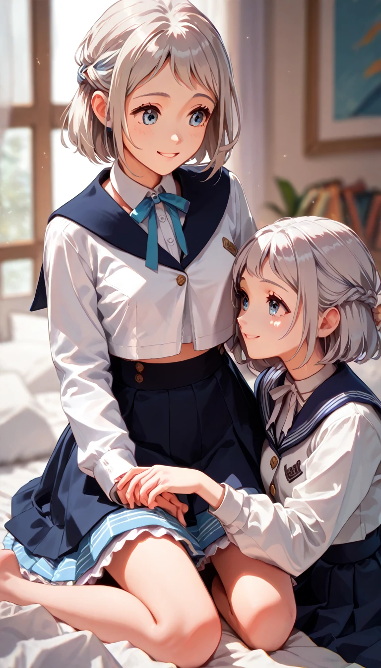 16K,One Girl, Yuri Katsuragi,blue eyes,Gray Hair,smile,short hair,Braiding,,Sailor collar,Neck ribbon, White shirt,Layered skirt,View,Anime illustration,On the bed,