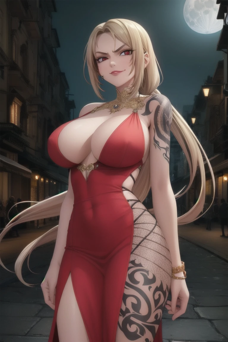Impressive female portrait depicting a woman with long hair, Light blonde hair with lots of vibrant red highlights, cute, Very luxurious, Creates a unique two-tone effect, Long hair ponytail. Her big, Sharp, red, bloodshot eyes staring intensely, Lovely, Adds an unsettling yet seductive presence. Dressed formally, Her body is adorned with numerous intricate tattoos., The face has a prominent moon design on it.. Full Body Shot, Cowboy Shot. Symmetrical female features and malevolence, A big smile conveys badness, Ominous attitude, In the Dark, Cityscape Background, With a mysterious dress, Gold ornaments,