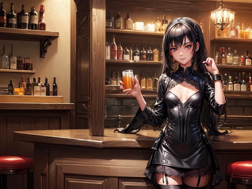 (((top-quality, masterpiece))), (best quality), (detailed), (((depict one young girl))), (solo girl), bartender girl, happy, charming, smiling, highly detailed beautiful face, delicate girl, delicate face, dark hair, long hair, poney tail, dark eyes, ((small breasts)), nice hips, flat belly, slim waist, define collarbone, (((sofisticated and detailed black leather dress))), ((sexy dress)), (((black lace stocking))), standing in front of a bar counter, sexy pose, cinematic shadow, Holding beer cup, irish pub atmoshpere