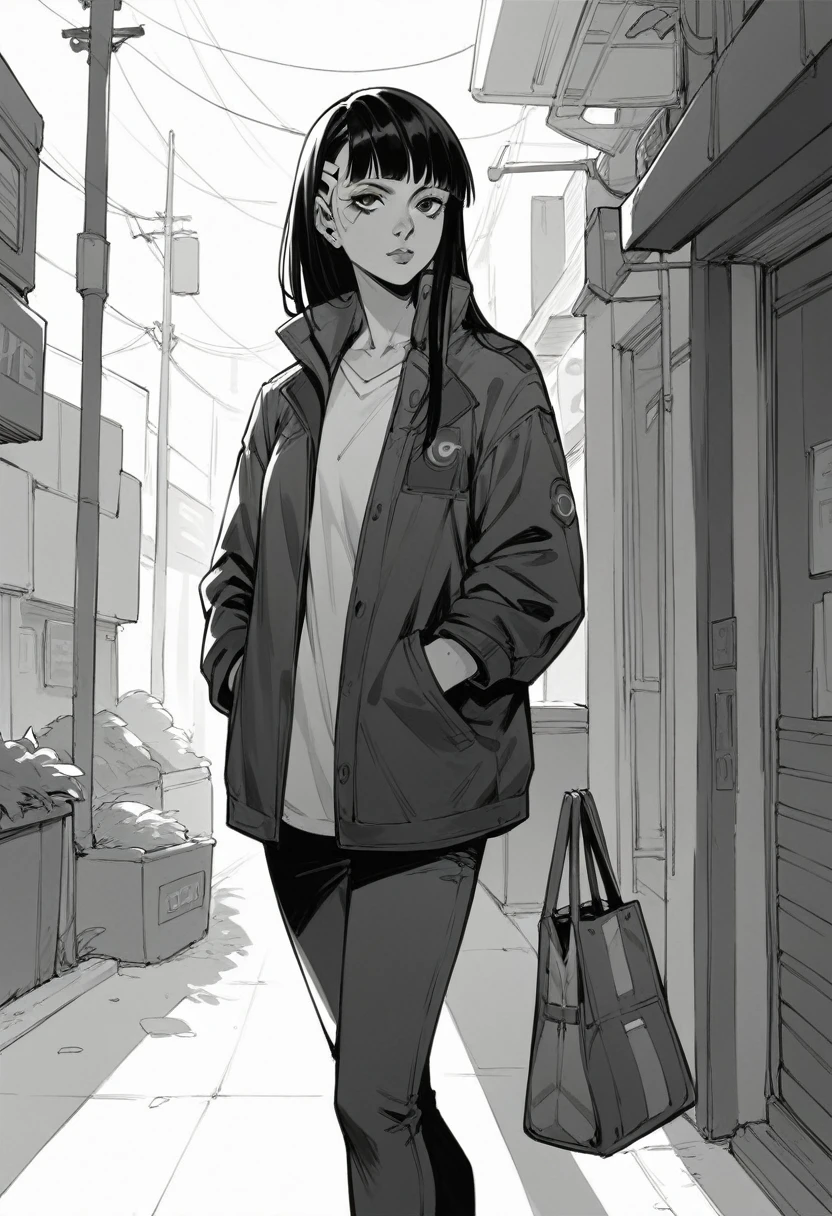 masterpiece, best quality, 1 girl, , hands in pockets, bag, black hair, black eyes, cyberpunk, street, monochrome, line art