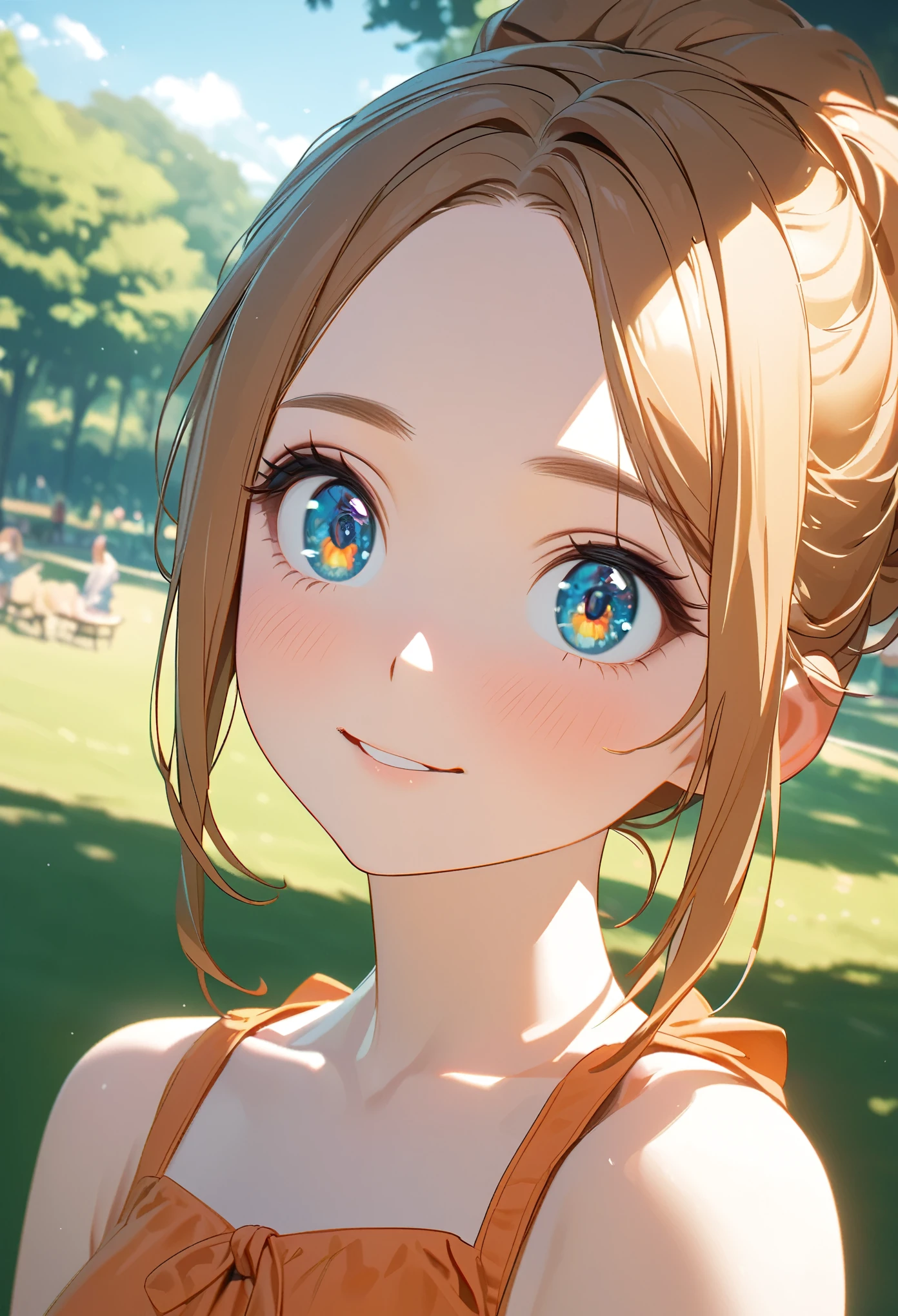 woman, at the park, sunny day, Orange sundress, born, Ultra-high resolution, 8k, (close:1.1), head, Highly detailed face, Amazing eyes