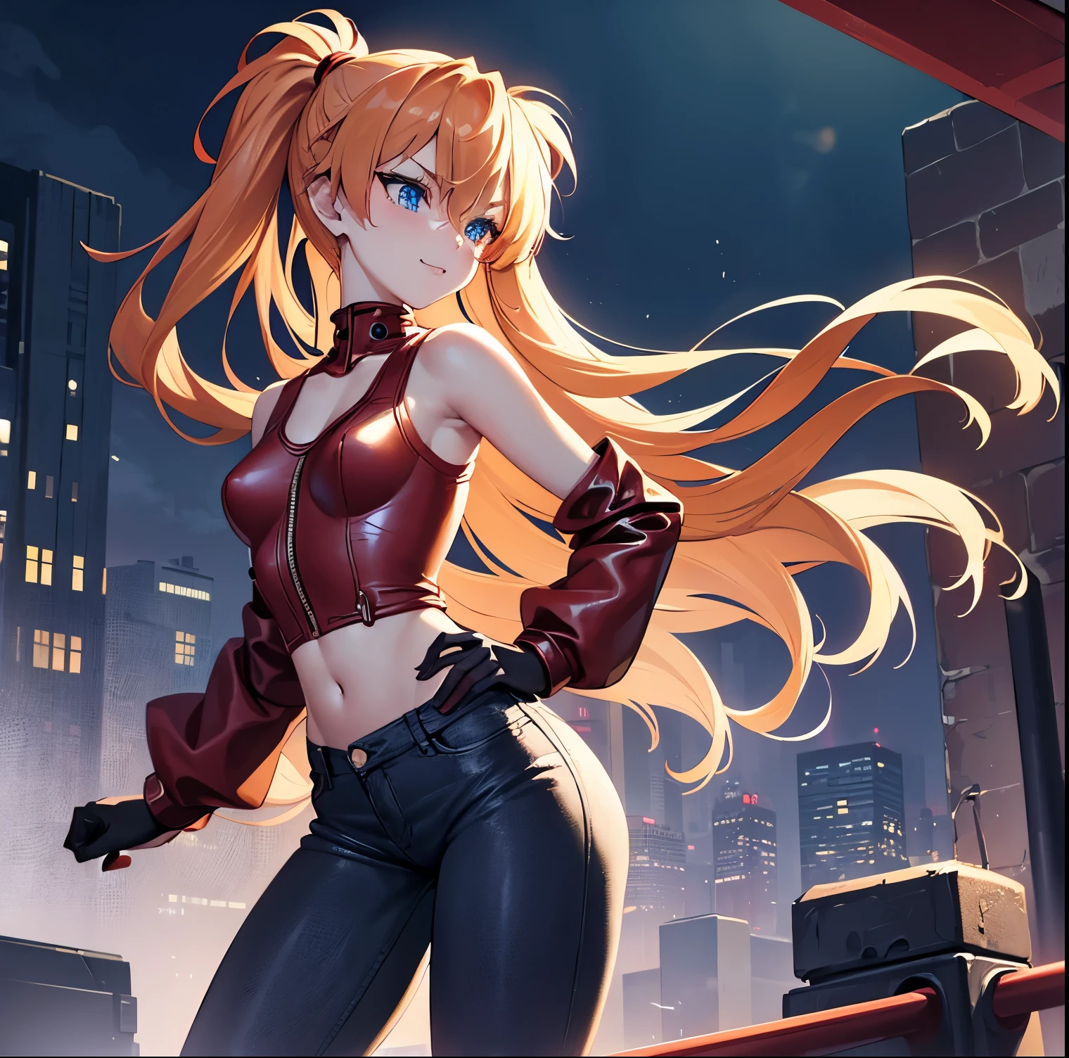 ((1girl)),((alone)),Asuka Langley,(masterpiece), (best quality), (ultra detailed), (best illustration), (best shadow), (absurdities), sharp focus, cowboy shot , dynamic posture looking at the viewer, small breasts, narrow waist, wide hips, wide thighs, round butt, erotic, romantic, (very detailed eyes, lips 1.1), very detailed eyes, eyes, Very detailed face, Very beautiful face, height full, beautiful slim figure, femininity, expressive appearance, elastic small breasts, sexuality, 25 years old, orange hair, medium hair, perfect proportions, (Asuka Langley, plug-in suit 02:1.2)), ((Blue eyes, beautiful face, eyes beautiful))), moist eyes, bright eyes, thin face, thin lips, narrow eyes, thin pale eyebrows, long eyelashes, long lower eyelashes, model taking a pose with hands on hips, sullen look, ((jacket red leather)) , ((open jacket)),((black tank top)),tight shirt,((neckline)), ((black jeans)), bare waist, navel,tight jeans,beautiful female hands with gloves Tight red leather shoes, red sneakers, (full body composition standing in model pose with realistic details: 1.1), accurate simulation of light-matter interactions, defined body, perfect and beautiful body, perfect and beautiful, closed mouth, smile, seductive smile, blushing, (sexy pose: 1.2), ((solo)), standing: 1.3, outdoor, cyberpunk cityscape, streets, city, lights neon, city lights, rain, night, looking forward, ((focus on breasts)), point of view: (from Middle), red blush, perfect anatomy, perfect hands