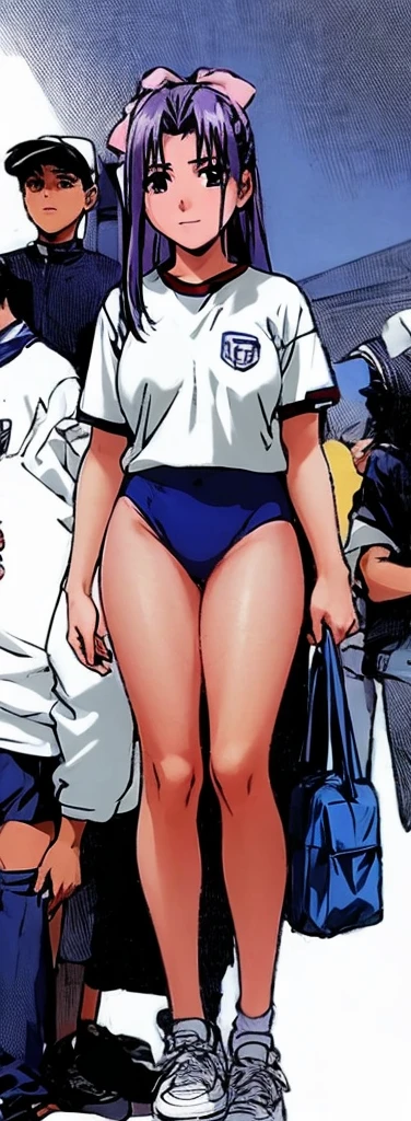 Momoko Koigakubo, with her beautiful legs, stands in a white gym uniform and light navy blue bloomers that look like panties.。Momoko Koigakubo is holding a boy in a jersey。