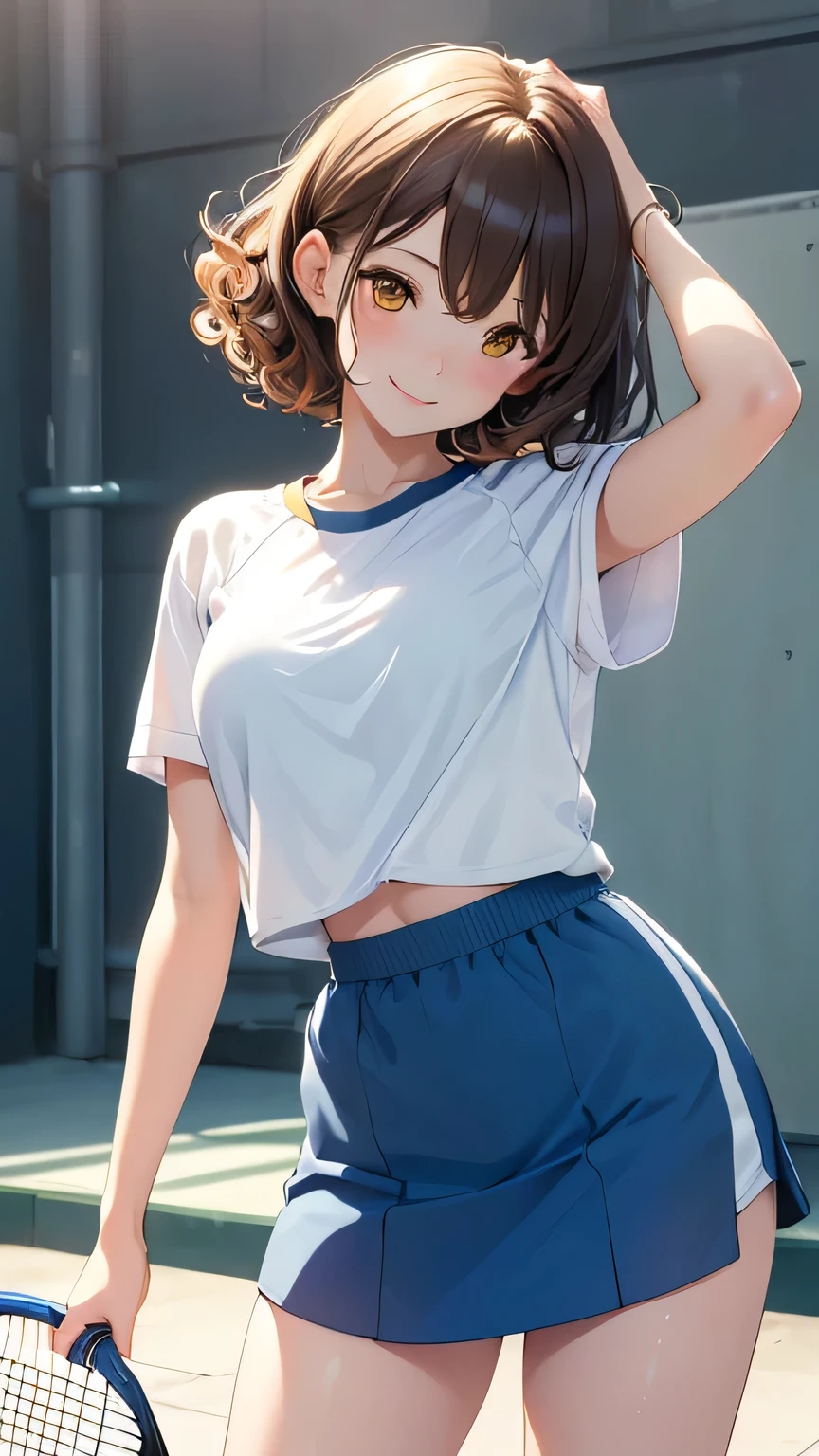 Highest quality, Soft Light, Ultra-high resolution,young woman, alone, sexy, (An inviting smile), (Pale yellow eyes), Beautiful face in every detail,(High resolution detail of human skin texture), (Brown curly short hair), Sportswear,Blue tennis skirt,Lean forward and look at the viewer,（Sweat:1.3）