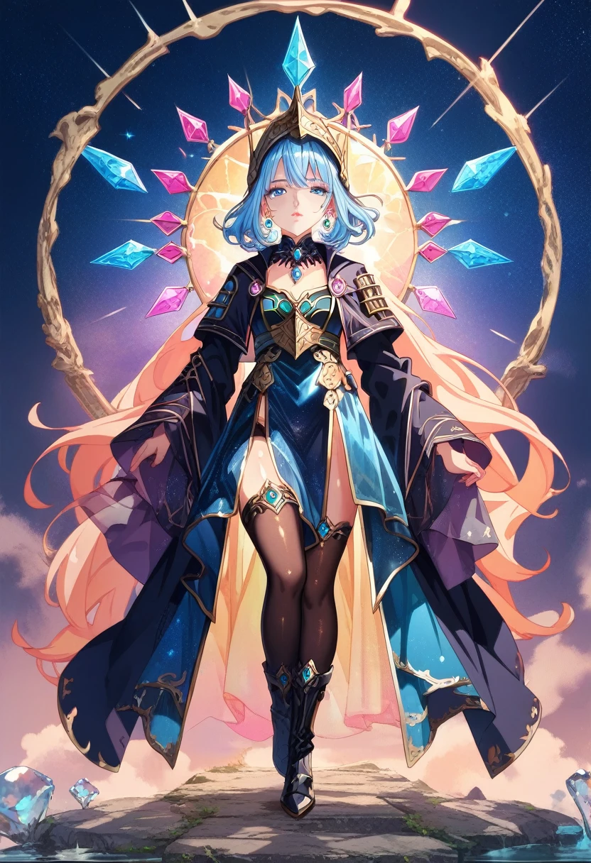 1 young beautiful woman,(Highest quality,Extremely detailed depiction,Incredibly absurd high resolution,Anatomically accurate depiction,Curvy Legs),(Glowing Skin,Shiny skin),(A female swordsman with a noble air),(Black Breastplate,Black boots,Metal embroidery,Transparent gemstones and precious metals decoration,Exquisite armor detailing,Holy sword,Black Valkyrie Helmet,Black Cape,Black tights),(Blue Eyes,Detailed pupil,Half-closed eyes:1.3,Shadowed face,lipstick,There is cleavage in the chest,Cool look),eyelash,Luxury accessories,Earrings,necklace,Bracelet,Standing posture