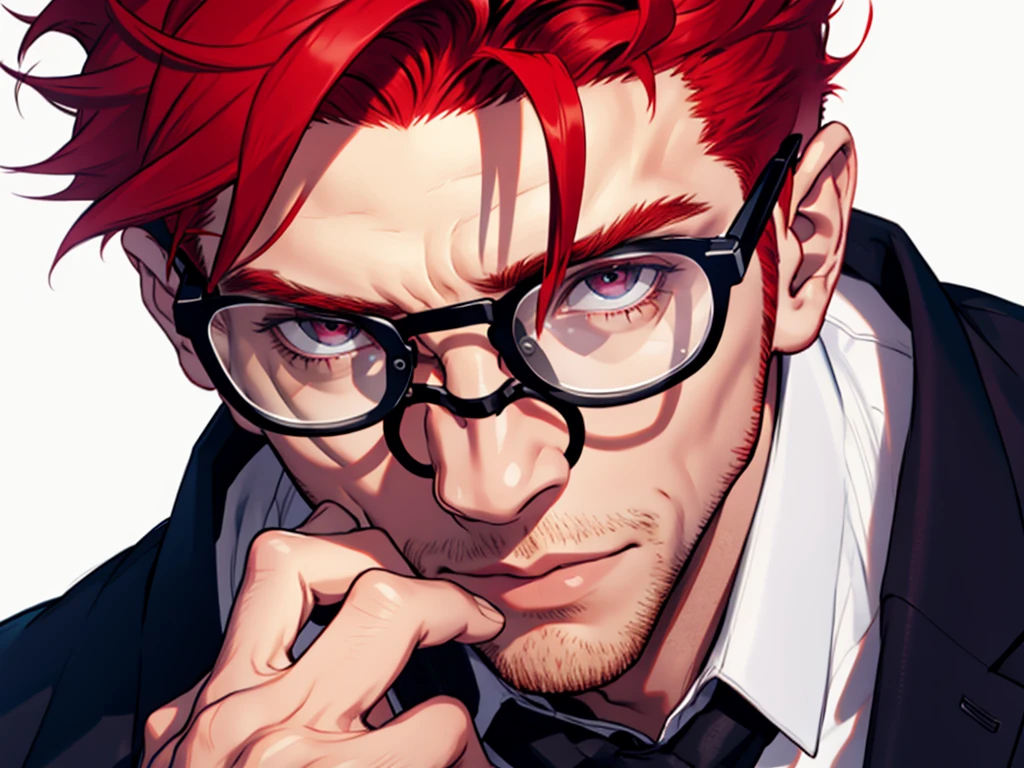 a close-up of a red-haired man with quiff, short and glasses