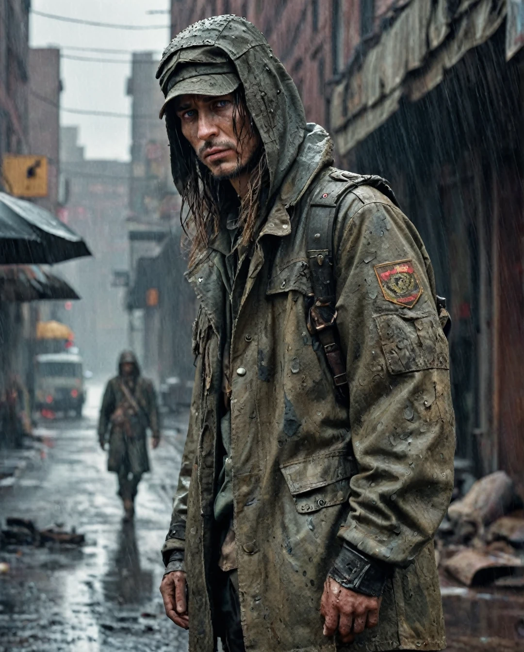photorealism, hyperrealism, cinematic, A stunning street style portrait of a rugged post-apocalyptic, of SAMARA, braving the elements. Dressed in traditional costume with military camouflage details with a worn texture, he stands against a desolate urban backdrop. Rain falls, creating a cinematic atmosphere as the drops hit the surface of the coat. Intricate details such as patched repairs and buckled straps accentuate the character's resilience and resourcefulness. The scene is captured in a high-contrast, emphasizing the interplay of light and shadows.