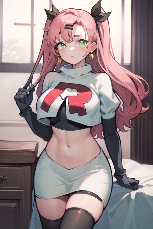 masterpiece, best quality, ultra-detailed, extremely detailed,illustration, 1girl, nicole demara,green eyes, hair ribbon, hairclip, earrings, doll, cowboy shot, team rocket,team rocket uniform,white skirt,red letter R,crop top,black thigh-highs,black elbow gloves