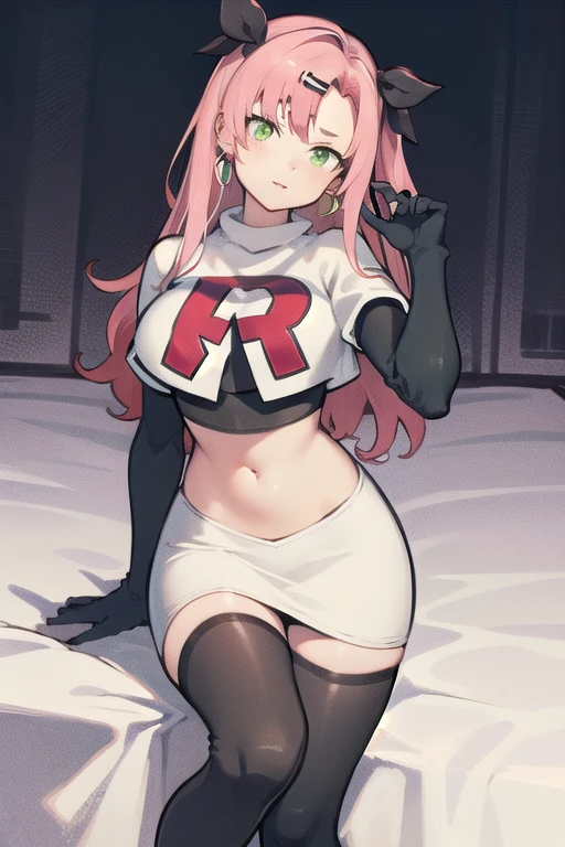 masterpiece, best quality, ultra-detailed, extremely detailed,illustration, 1girl, nicole demara,green eyes, hair ribbon, hairclip, earrings, doll, cowboy shot, team rocket,team rocket uniform,white skirt,red letter R,crop top,black thigh-highs,black elbow gloves