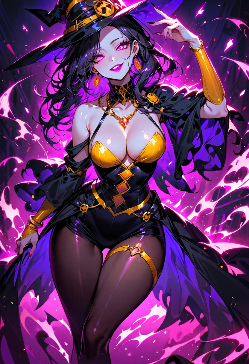 1 mature beautiful woman,(Highest quality,Extremely detailed depiction,Incredibly absurd high resolution,Anatomically accurate depiction,Curvy Legs),(Glowing Skin,Shiny skin),(Bewitching witch),(Sexy witch costume,Black Pantyhose,Luxury accessories,Earrings,necklace,Bracelet),eyelash,(Pink Eyes,Half-closed eyes:1.3,Crazy Eyes,There is cleavage in the chest,Wicked Smile,Glossy lipstick,Flashy makeup,eye shadow,eyeliner,mascara,Seductive gestures),whole body