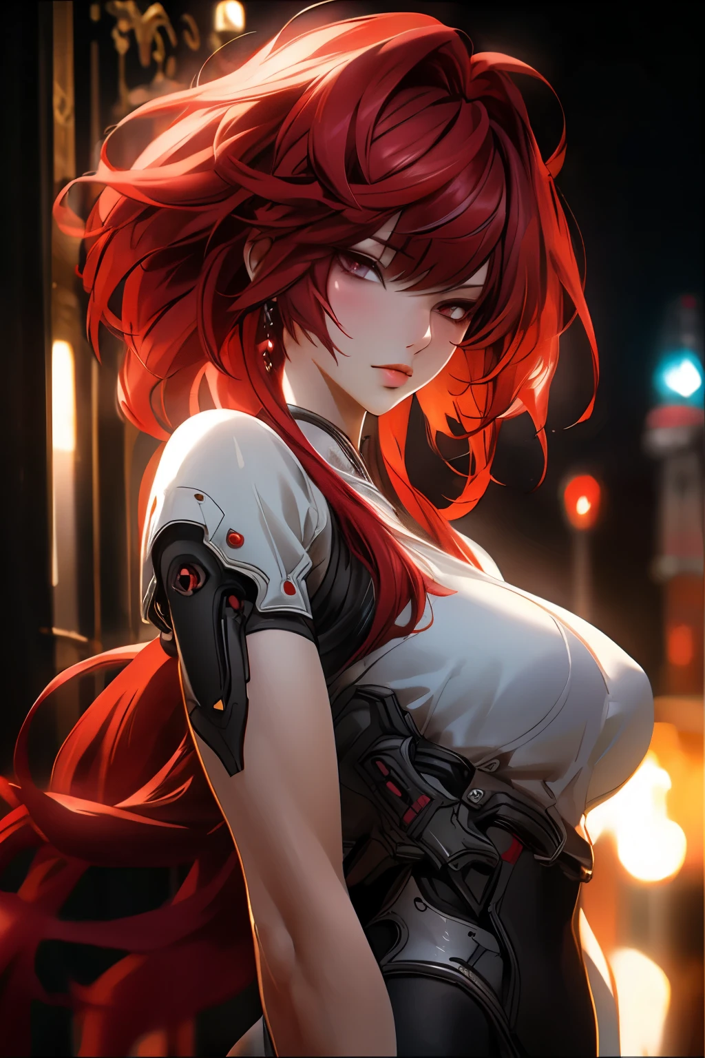 ((best quality)), ((Masterpiece)), (details:1.4), 3d, Image of a beautiful cyberpunk woman., HDR (high dynamic range), mature woman, Curtain Bangs, Red hair, white eyes, future police, PBR surface, After processing, Anisotropic filtration,depth of field, Maximum clarity and clarity, multi-layered surface, perfect proportions, 8K raw files, cyberpunk, at night, ผมหลายชั้น,  กระโปรงสั้น, natural lighting, soft lighting, sunlight, หน้าอกใหญ่,