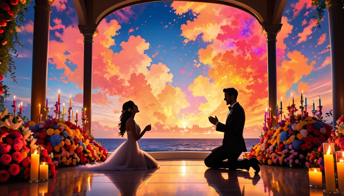 silhouette of a man proposing to his girlfriend looking sideways in a romantic setting surrounded by flower arrangements, candles with colorful flames, and a beautiful sky.