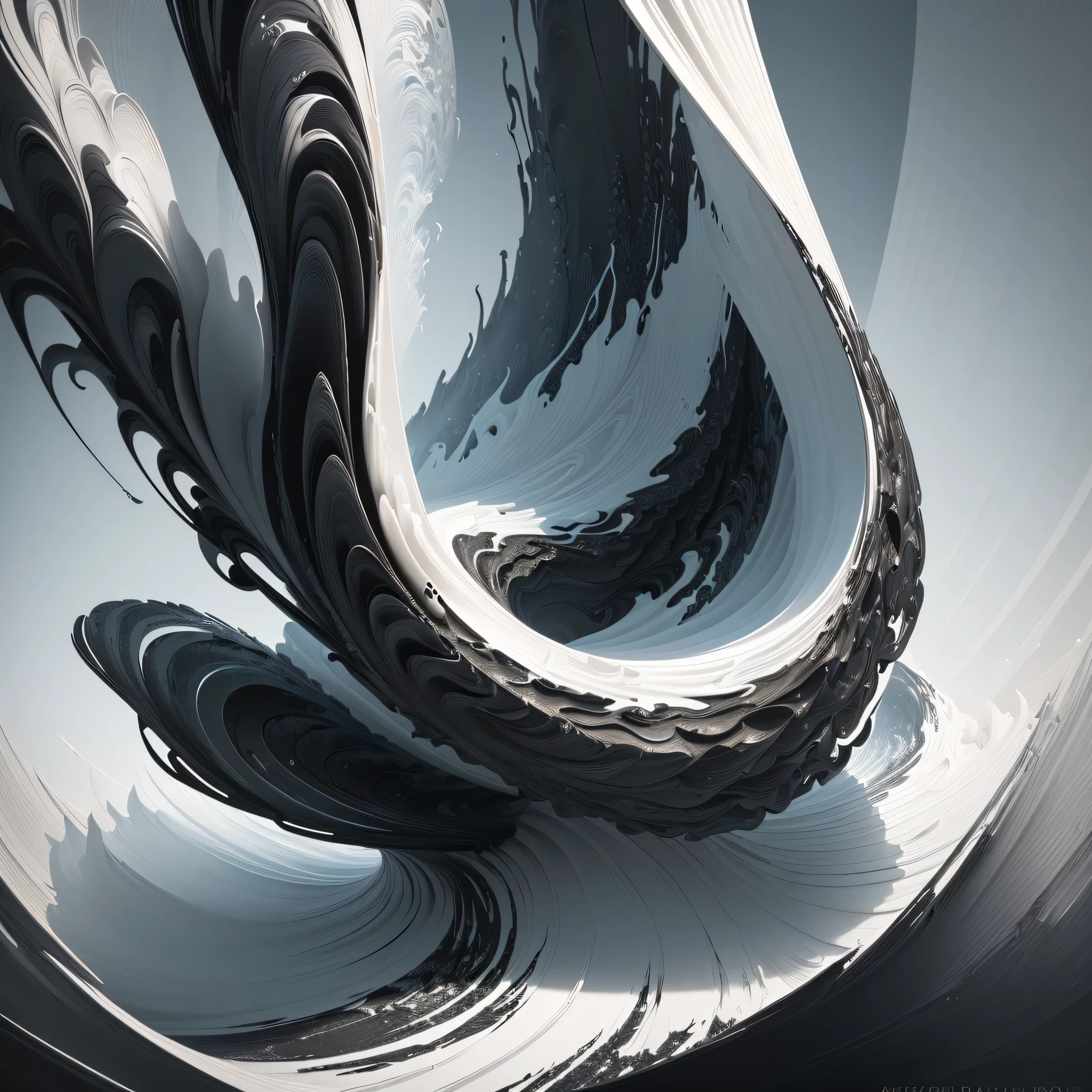 Use the description below for the background: "a close-up of a black and white abstract painting with waves, layered paper art, 3d abstract art, digital matte black paper art, generative art, paper art, highly detailed generative art, Flowing forms, Digital art with incredible detail, great digital art with details, intricate flowing paint, silk cloth with carved marble texture, flowing material, complex digital painting", After creating the background create a detailed Greek statue
