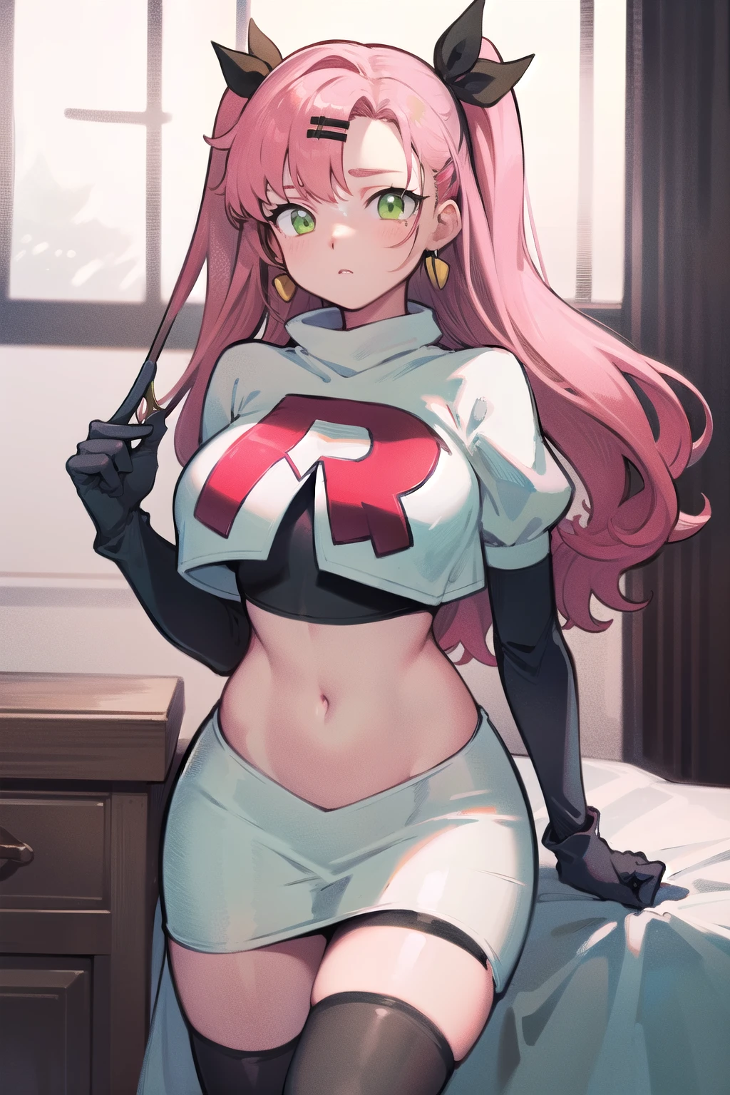masterpiece, best quality, ultra-detailed, extremely detailed,illustration, 1girl, nicole demara,green eyes, hair ribbon, hairclip, earrings, doll, cowboy shot, team rocket,team rocket uniform,white skirt,red letter R,crop top,black thigh-highs,black elbow gloves