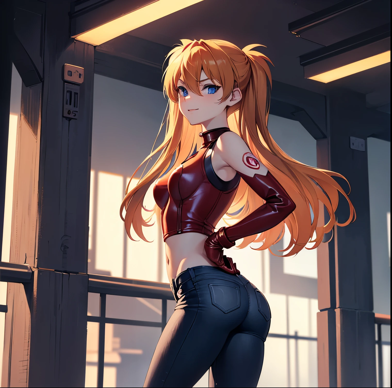 ((1girl)),((alone)),Asuka Langley,(masterpiece), (best quality), (ultra detailed), (best illustration), (best shadow), (absurdities), sharp focus, cowboy shot , dynamic posture looking at the viewer, small breasts, narrow waist, wide hips, wide thighs, round butt, erotic, romantic, (very detailed eyes, lips 1.1), very detailed eyes, eyes, Very detailed face, Very beautiful face, height full, beautiful slim figure, femininity, expressive appearance, elastic small breasts, sexuality, 25 years old, orange hair, medium hair, perfect proportions, (Asuka Langley, plug-in suit 02:1.2)), ((Blue eyes, beautiful face, eyes beautiful))), moist eyes, bright eyes, thin face, thin lips, narrow eyes, thin pale eyebrows, long eyelashes, long lower eyelashes, model taking a pose with hands on hips, sullen look, ((jacket red leather)) , ((open jacket)),((black tank top)),tight shirt,((neckline)), ((black jeans)), bare waist, navel,tight jeans,beautiful female hands with gloves Tight red leather shoes, red sneakers, (full body composition standing in model pose with realistic details: 1.1), accurate simulation of light-matter interactions, defined body, perfect and beautiful body, perfect and beautiful, closed mouth, smile, seductive smile, blushing, (sexy pose: 1.2), ((solo)), standing: 1.3, outdoor, cyberpunk cityscape, streets, city, lights neon, city lights, rain, night, looking back, from behind, ((focus on ass)), point of view: (from below), red blush, perfect anatomy, perfect hands