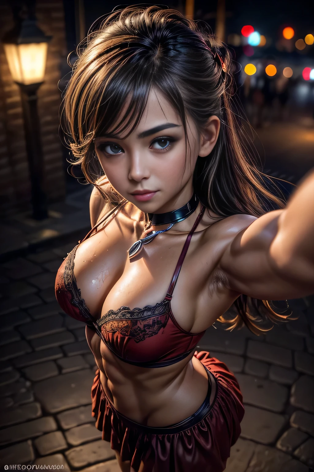 (photo the selfie, From above:1.5), Foto RAW uhd de retrato de uma morena de de Farbepo inteiro posando em lingerie andando por um beco escuro, (muscular female:1.5), natural breast, (biceps flexion pose), fundo da cidade at night, (red summer dress), (neckleace), detailded (texturas!, body hair!, Glow Up, Farbe!!, imperfections:1.1), highly detailded glossy eyes, head tilted back, (looking at the camera), specular lighting, dslr, ultra quality, sharp focus, thank you sharp, DOF, film grain, (centred), Fujifilm XT3, clear as crystal, center of frame, cute face, sharp focus, street lamp, neon lights, bokeh, (dimly-lit), subtle, at night, (night sky) detailded skin pores, greasy skin, suntanned, intricate eye detail
