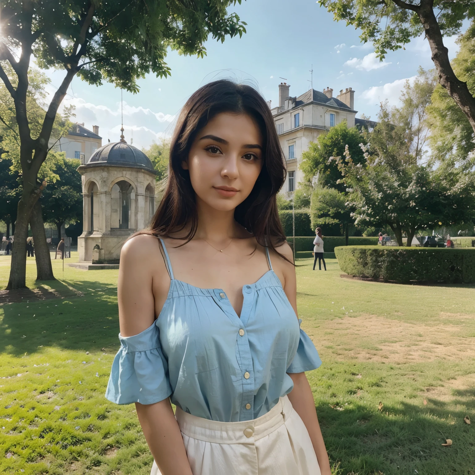 Generate a realistic, high-resolution portrait of Selma Lahrizi, a 24-year-old woman with a warm and approachable presence. She's enjoying a leisurely afternoon in the Jardin du Luxembourg, wearing a chic, summer outfit. The focus should be on her face and the overall image should be symmetrical. Ensure consistent face and body shape throughout the image.
