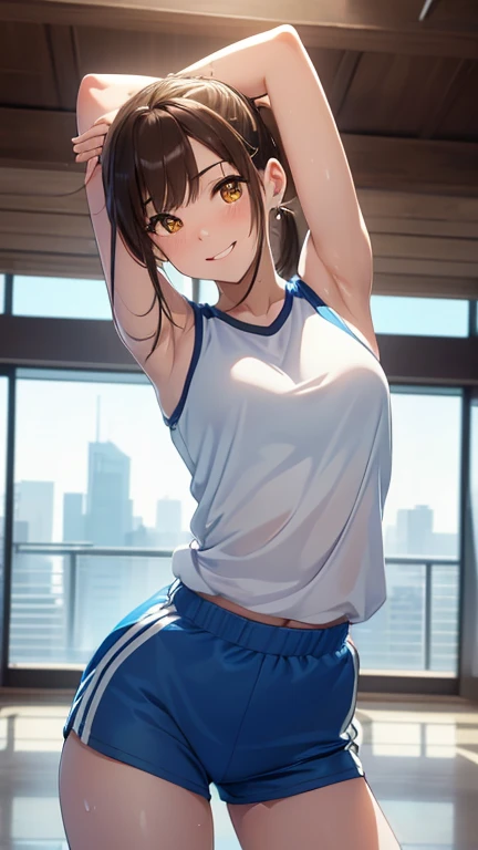 Highest quality, Soft Light, Ultra-high resolution,young woman, alone, sexy, (An inviting smile), (Pale yellow eyes), Beautiful face in every detail,(High resolution detail of human skin texture), (Brown short ponytail), Sportswear,Blue shorts,Lean forward and look at the viewer,(Sweat:1.3),Stretch your arms wide