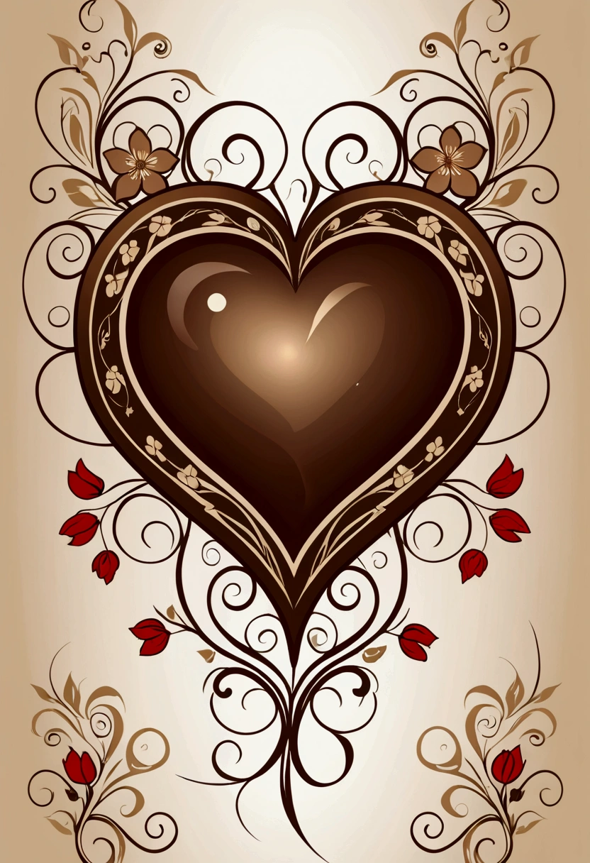 Heart in brown and beige colors, with flower tendrils, Country style, vector image, sharp edges, masterpiece, uhd