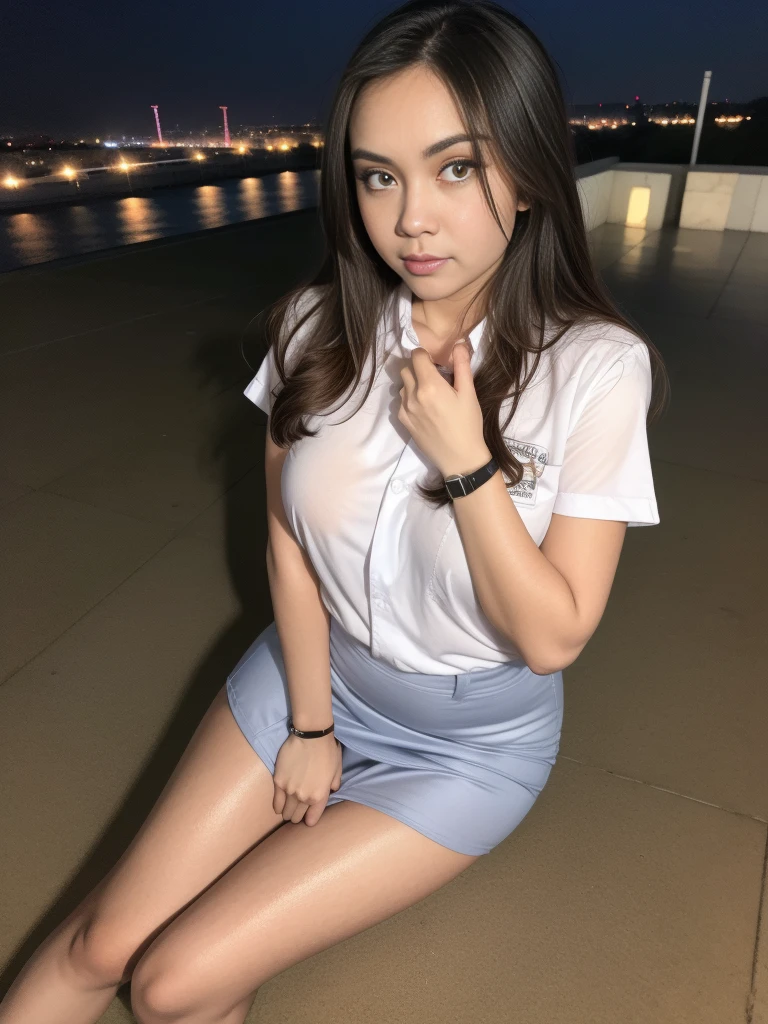 1girl, (uniform), sits with her legs pressed to her chest surprisingly cute, detailed night view of Metropolitan city at the background, detailed face, detailed eyes, brunette, big breasts, smooth realistic skin, semi-curvy body, white school shirt, grey blue hot miniskirt , looking at the audience, Full body shot, camera from ground, (overhead view:1.35), (zoom-out : 1.3) , (8k, RAW photo, best quality, masterpiece: 1.2), (realistic, realistic: 1.37), ultra-high resolution