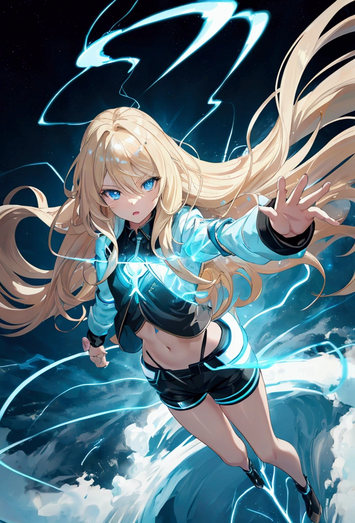 blonde, long flowing hair, cinematic, light blue eyes, glowing effect, electricity, 1 girl, beautiful girl, shorts, small black jacket with tight black shirt under, show navel, jumping in air, epic, masterpiece, futuristic, flowing lightning energy around body, Lightning Glow effect, very detailed, action pose, from above view depth of field.