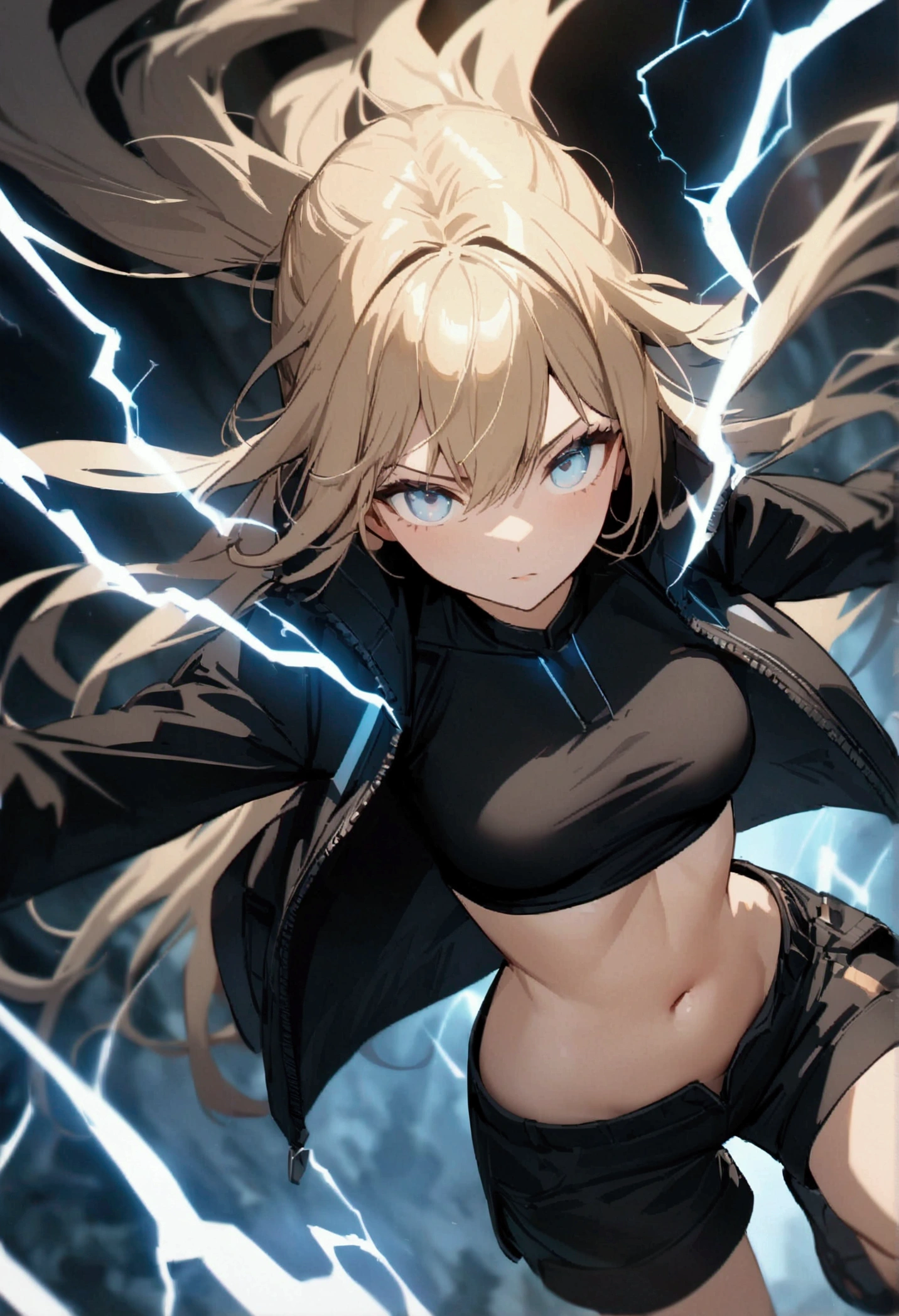 blonde, long flowing hair, cinematic, light blue eyes, glowing effect, electricity, 1 girl, beautiful girl, shorts, small black jacket with tight black shirt under, show navel, jumping in air, epic, masterpiece, futuristic, flowing lightning energy around body, Lightning Glow effect, very detailed, action pose, from above view depth of field.
