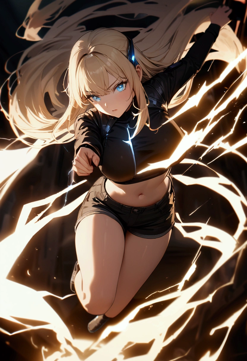 blonde, long flowing hair, cinematic, light blue eyes, glowing effect, electricity, 1 girl, beautiful girl, shorts, small black jacket with tight black shirt under, show navel, jumping in air, epic, masterpiece, futuristic, flowing lightning energy around body, Lightning Glow effect, very detailed, action pose, from above view depth of field.