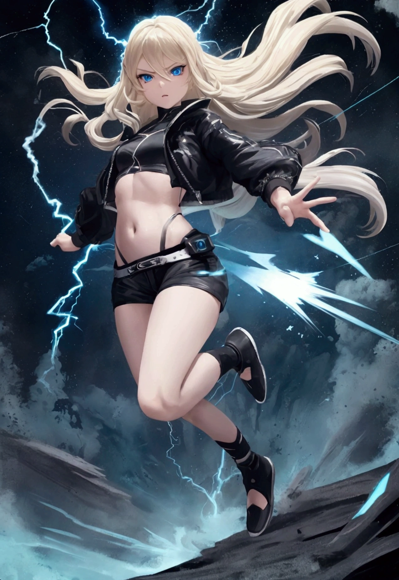 blonde, long flowing hair, cinematic, light blue eyes, glowing effect, electricity, 1 girl, beautiful girl, shorts, small black jacket with tight black shirt under, show navel, jumping in air, epic, masterpiece, futuristic, flowing lightning energy around body, Lightning Glow effect, very detailed, action pose, from above view depth of field.