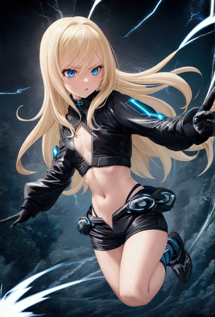 blonde, long flowing hair, cinematic, light blue eyes, glowing effect, electricity, 1 girl, beautiful girl, shorts, small black jacket with tight black shirt under, show navel, jumping in air, epic, masterpiece, futuristic, flowing lightning energy around body, Lightning Glow effect, very detailed, action pose, from above view depth of field.
