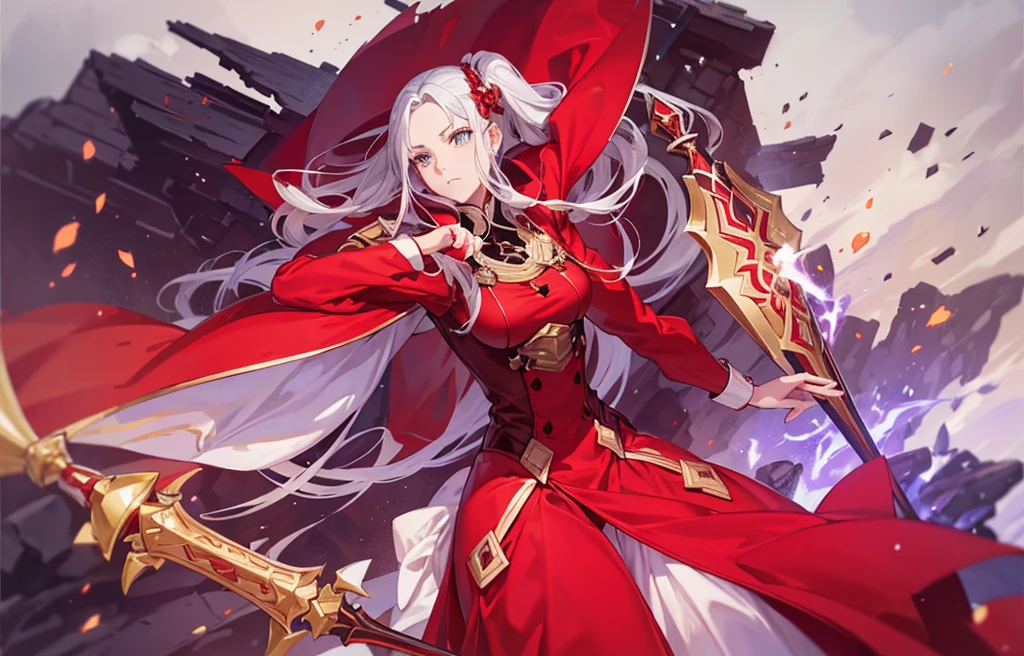 Edelgard ((Fire_Emblem)), big red dress, glowing sword, burning fire, red color, fiery red, 1female, silver hair, detailed hair, beautiful face, perfect face, big breasts, perfect body, best quality, 8k, refracted light, battle atmosphere, black particles, destruction, injured body, best quality, best resolution, anti-defect, serious face.