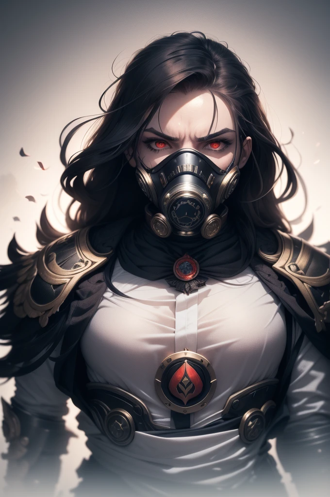 a fierce monarch ruler with piercing red eyes, hair of white silk, on their face a white cold war gas mask with the beak of a raven, ww1 uniform, ww2 uniform, military uniform, fantasy white gas mask with a beak, highly detailed, photorealistic, 8k, masterpiece, dramatic lighting, cinematic, dark fantasy, dramatic, moody, gritty, gothic, cold colors, transformative palette, chiaroscuro, dramatic shadows, powerful, imposing, authoritarian, dystopian, post-apocalyptic, royalty, powerful