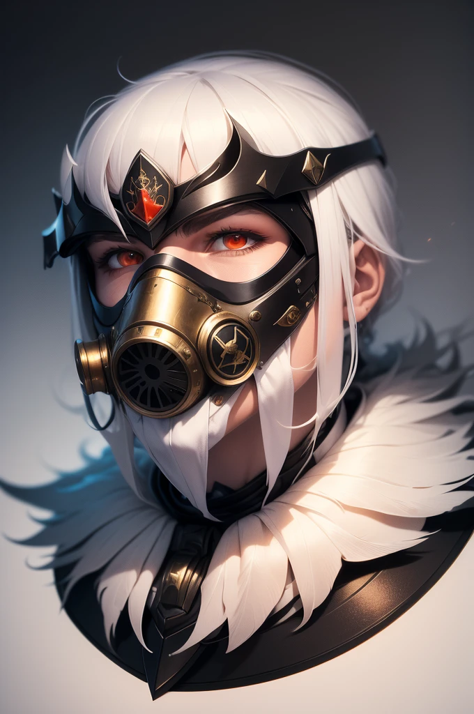a fierce monarch ruler with piercing red eyes, hair of white silk, on their face a white cold war gas mask with the beak of a raven, ww1 uniform, ww2 uniform, military uniform, fantasy white gas mask with a beak, highly detailed, photorealistic, 8k, masterpiece, dramatic lighting, cinematic, dark fantasy, dramatic, moody, gritty, gothic, cold colors, transformative palette, chiaroscuro, dramatic shadows, powerful, imposing, authoritarian, dystopian, post-apocalyptic, royalty, powerful