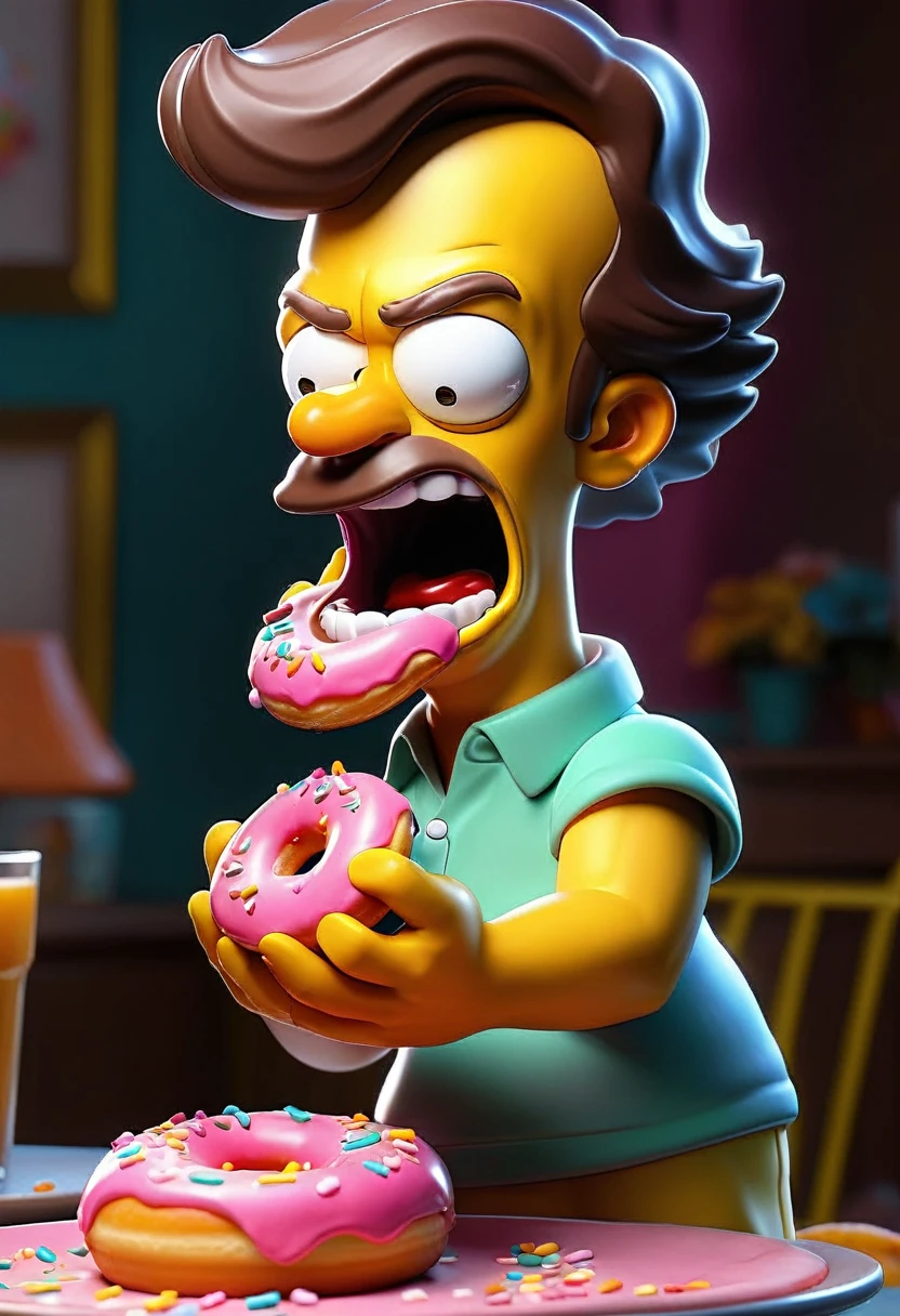 a Simpson character, cartoon, 3d render, highly detailed, eating donut,photorealistic, 4k, masterpiece, vivid colors, soft lighting, , hyperrealistic, digital painting, cinematic lighting, intricate details, sharp focus, volumetric lighting, subsurface scattering