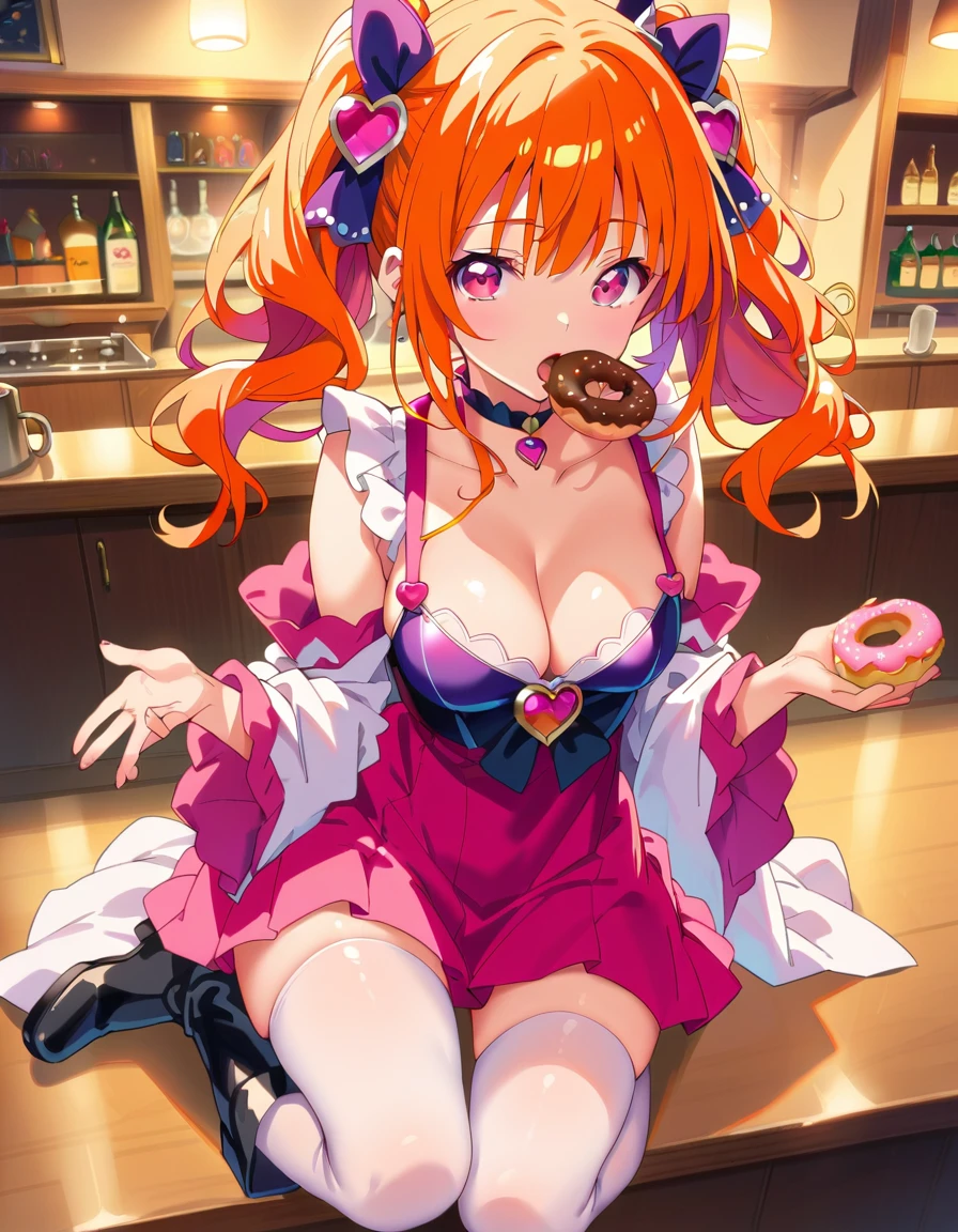 One young and beautiful woman,(Highest quality,Extremely detailed depiction,Incredibly absurd high resolution,Anatomically accurate depiction,Nice hands,Perfect Fingers,Curvy Legs),(Glowing Skin,Glossのある肌),(Sexy Idol),(Idol Costumes,Cute hairstyle,tights,Choker of Hearts,boots,Gloss),eyelash,(Pink Eyes,There is cleavage in the chest,Glossのある口紅,Mouth open),Eating a donut with relish,whole body,background:Inside the cafe