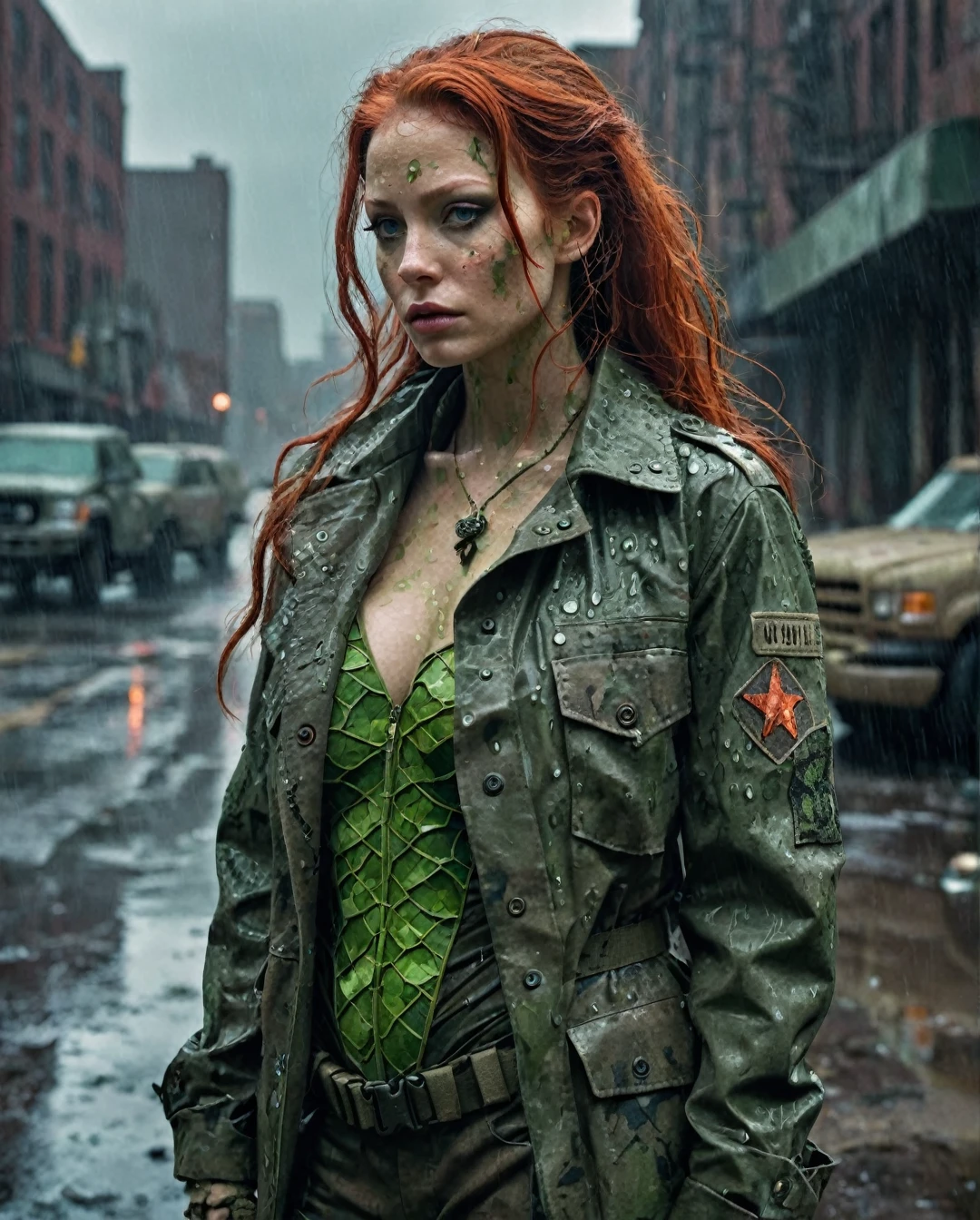 photorealism, hyperrealism, cinematic, A stunning street style portrait of a rugged post-apocalyptic, of  Poison Ivy,  braving the elements. Dressed in traditional costume with military camouflage details with a worn texture, he stands against a desolate urban backdrop. Rain falls, creating a cinematic atmosphere as the drops hit the surface of the coat. Intricate details such as patched repairs and buckled straps accentuate the character's resilience and resourcefulness. The scene is captured in a high-contrast, emphasizing the interplay of light and shadows.