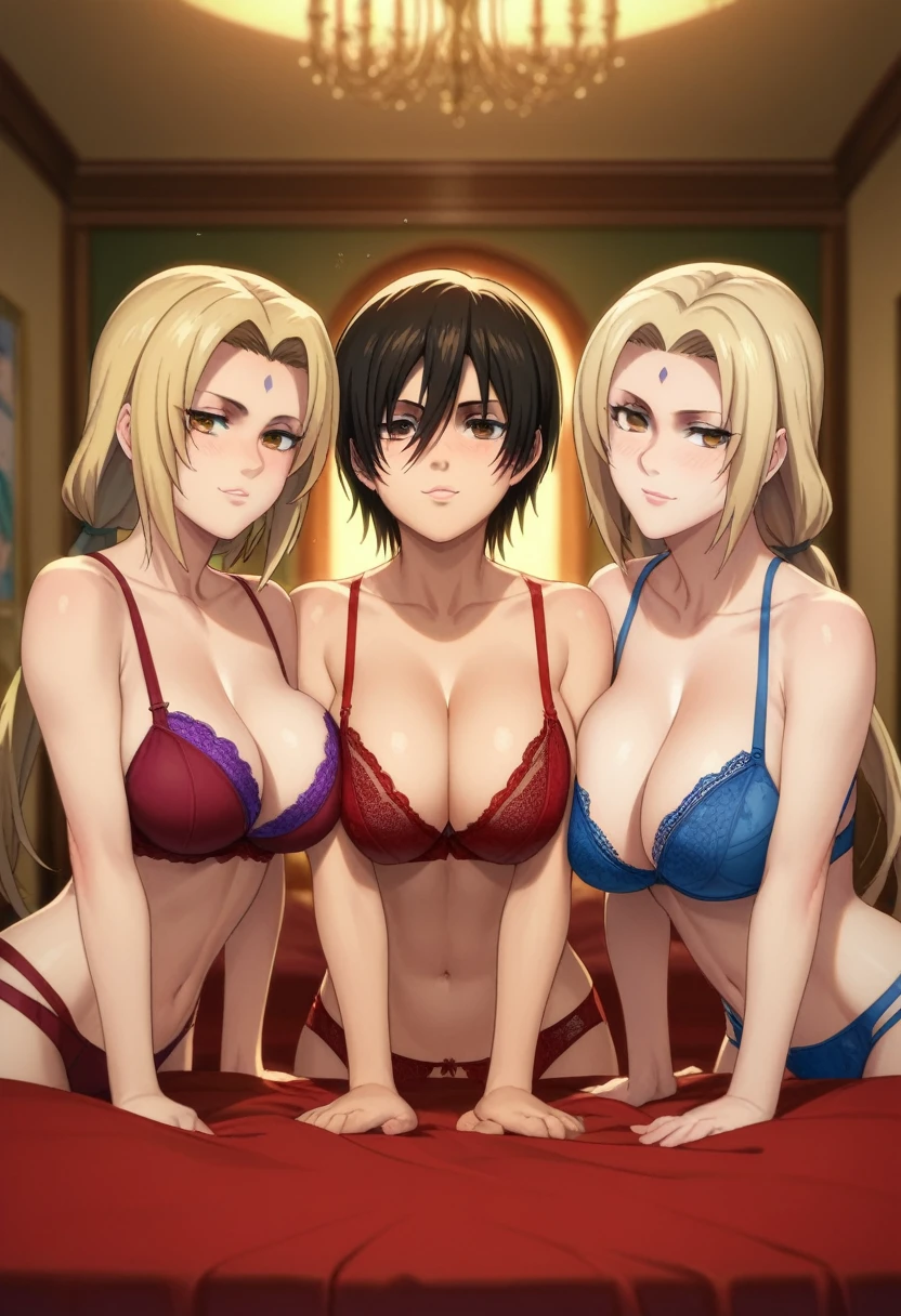 score_9, score_8_up, score_7_up, score_6_up, (by blade \(galaxist\):.6), (by null:.5), flat color, 3girls, tsunade, nobara, mikasa, tsunade and nobara and mikasa, flat shading, modern bedroom, indoors, modern interior, seductive expression, large breasts, clear eyes, smiling, tsunade and nobara and mikasa in seductive pose, tsunade (blonde, wearing blue lingerie), nobara (brown bob hair, red lingerie), mikasa (black hair, wearing purple lingerie)