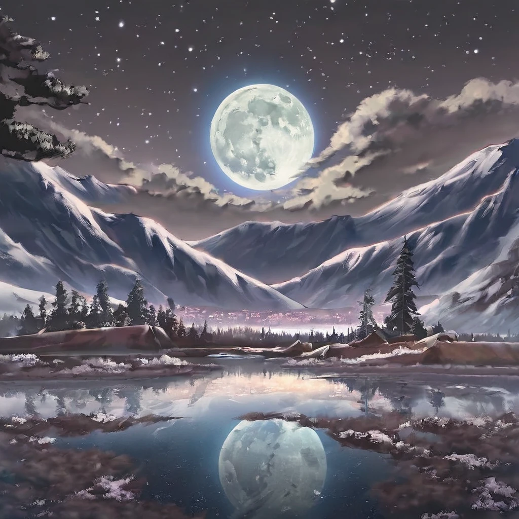 1woman, Very starry night. A huge moon behind the mountain. A tranquil lake reflects the night.