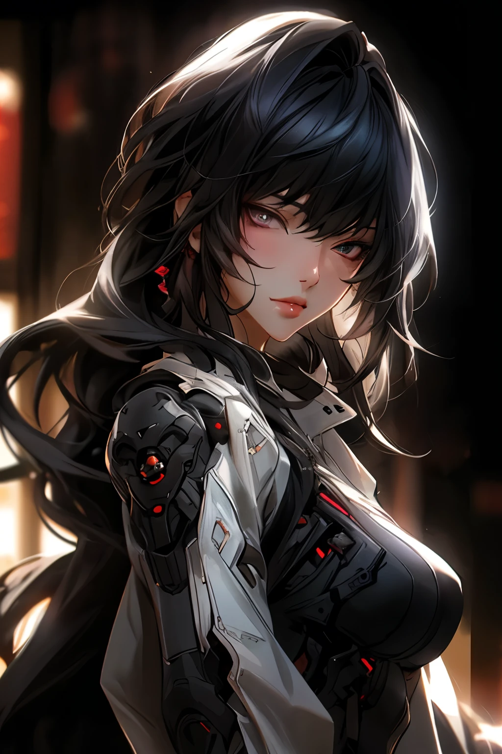 ((best quality)), ((Masterpiece)), (details:1.4), 3d, Image of a beautiful cyberpunk woman., HDR (high dynamic range), mature woman, Curtain Bangs, Black hair, white eyes, future police, PBR surface, After processing, Anisotropic filtration,depth of field, Maximum clarity and clarity, multi-layered surface, perfect proportions, 8K raw files, cyberpunk, at night, ผมหลายชั้น, กระโปรงสั้น, natural lighting, soft lighting, sunlight, หน้าอกใหญ่,