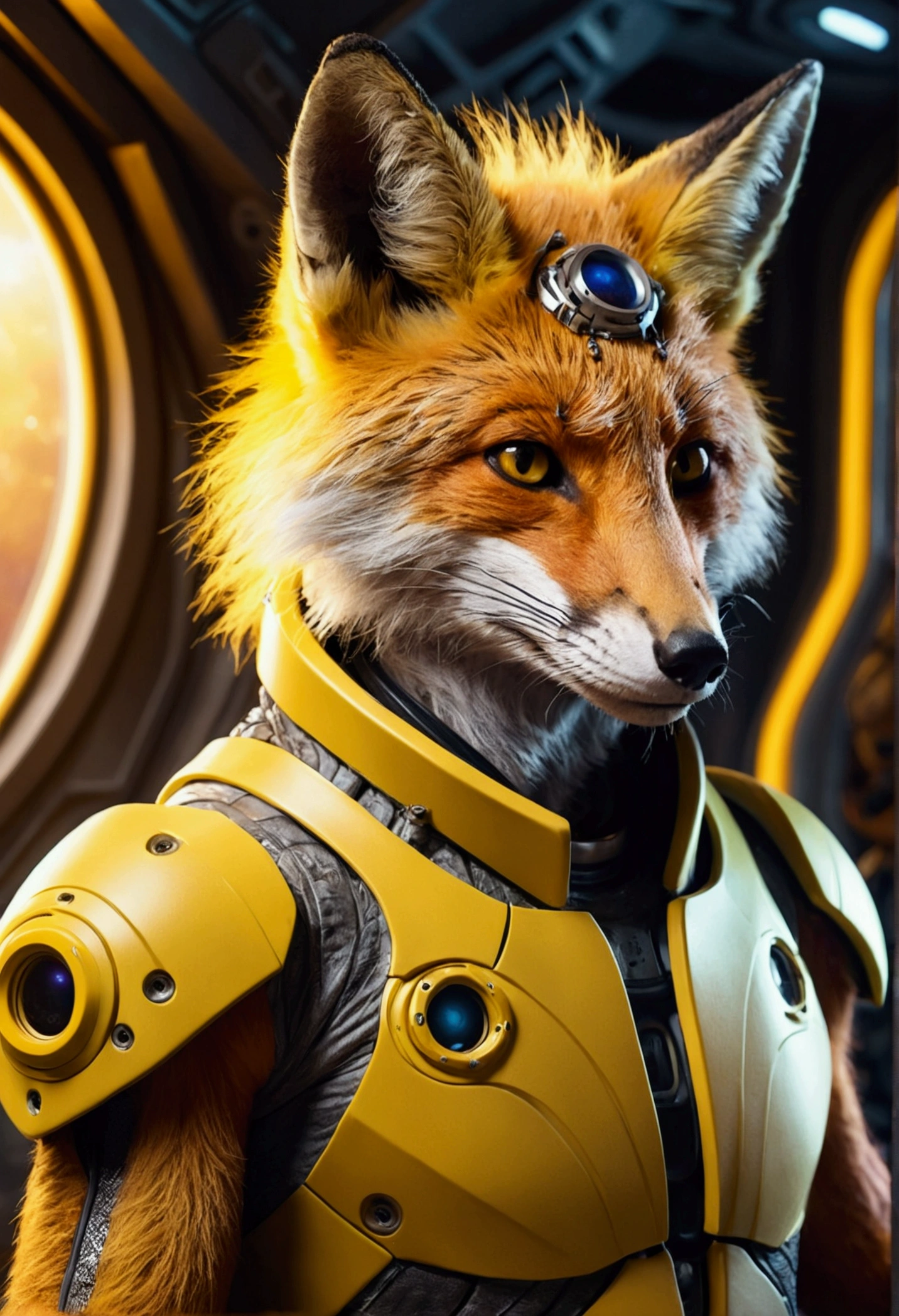 Fox anthropomorphic with yellow fur male naked as a cyborg in space on a spaceship in surreal