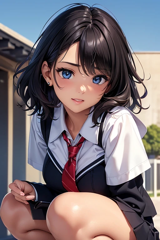 #Basics A girl is posing for a photo, animeのかわいい女の子,  ((One Girl)), (((Baby Face:1.2)) + ((cute:1.3))), 
break 

#Clothing Accessories 
((school uniform)) : ((A school blazer with a black base and white accents)) + ((A pleated skirt with a white base and red check pattern)) + (A tie with a red base and blue diagonal lines) + ((Black Pantyhose)) + (Brown Loafers),  
((Red earrings)), 
break 

#Features 
(((Black Hair)), (Bangs that reveal the forehead + I can see a beautiful forehead), Hair blowing in the wind, (short hair : Wavy Hair + Thin Hair)), 
((Droopy eyes:1.4, Big eyes:1.2), blue eyes), (Small breasts), (Brown skin), 
break 

#background environment 
((noon + Sunshine + School classroom)), 
#Facial Expression Pose  
(smile), ((squat, turn around)), 
#composition 
((Face the camera, (Focus from the front), Cowboy Shot)), 
break 

#Body parts elements 
(Slim figure), 
(Detailed Hair, Beautiful Hair, Shiny Hair), 
(double eyelid, Long eyelashes), 
(Expression of fine eyes, Beautiful and delicate eyes, Sparkling eyes, Eye Reflexes, Glitter Eyeliner), 
(Human Ear), 
(Beautiful Nose, Thin Nose), 
(Glossy Lips, Beautiful Lips, Thick lips), (Symmetrical facial features), 
(Detailed skin, Textured skin, Beautiful Skin, Oily skin), 
break 

#Quality Image Quality Common 
(((Highest quality)), ((masterpiece)), ((Very detailed))), ((Ultra-high resolution)), ((16K, 1080P)), ((FHD)), 
(Anatomically correct), (Realistic), (3DCG), (oil), 
#Quality image illustration 
((comics, anime)), CG illustration,
